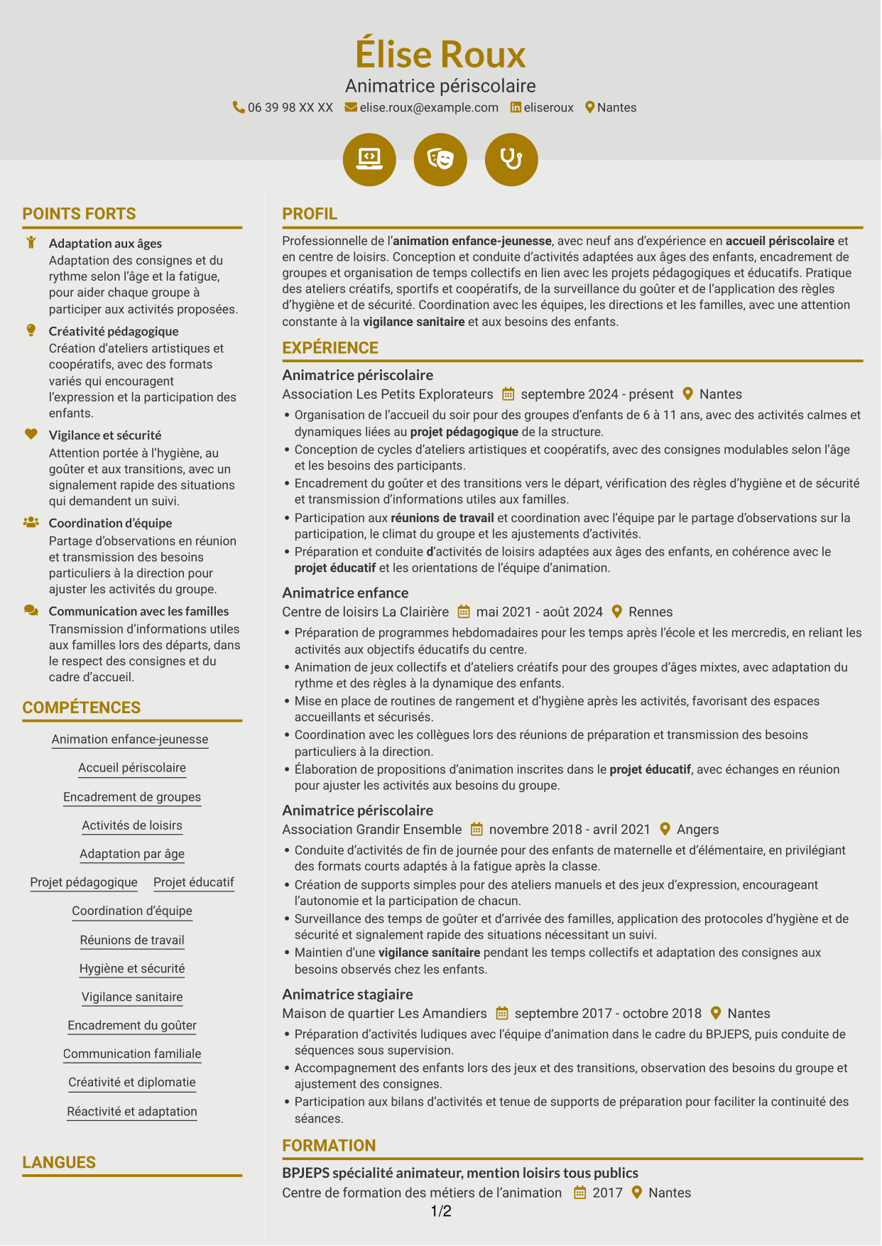 CV Dynamique (format à deux colonnes avec icônes) : Animateur enfance-jeunesse - Accueil périscolaire, page 1