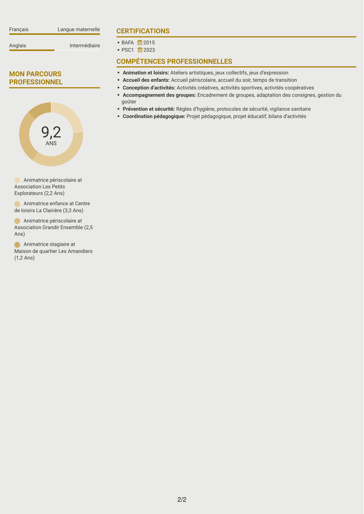CV Dynamique (format à deux colonnes avec icônes) : Animateur enfance-jeunesse - Accueil périscolaire, page 2