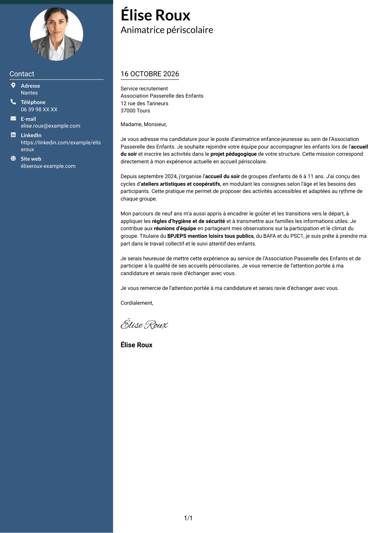 Lettre de motivation Élégant (format à colonne latérale colorée avec photo) : Animateur enfance-jeunesse - Accueil périscolaire, page 1