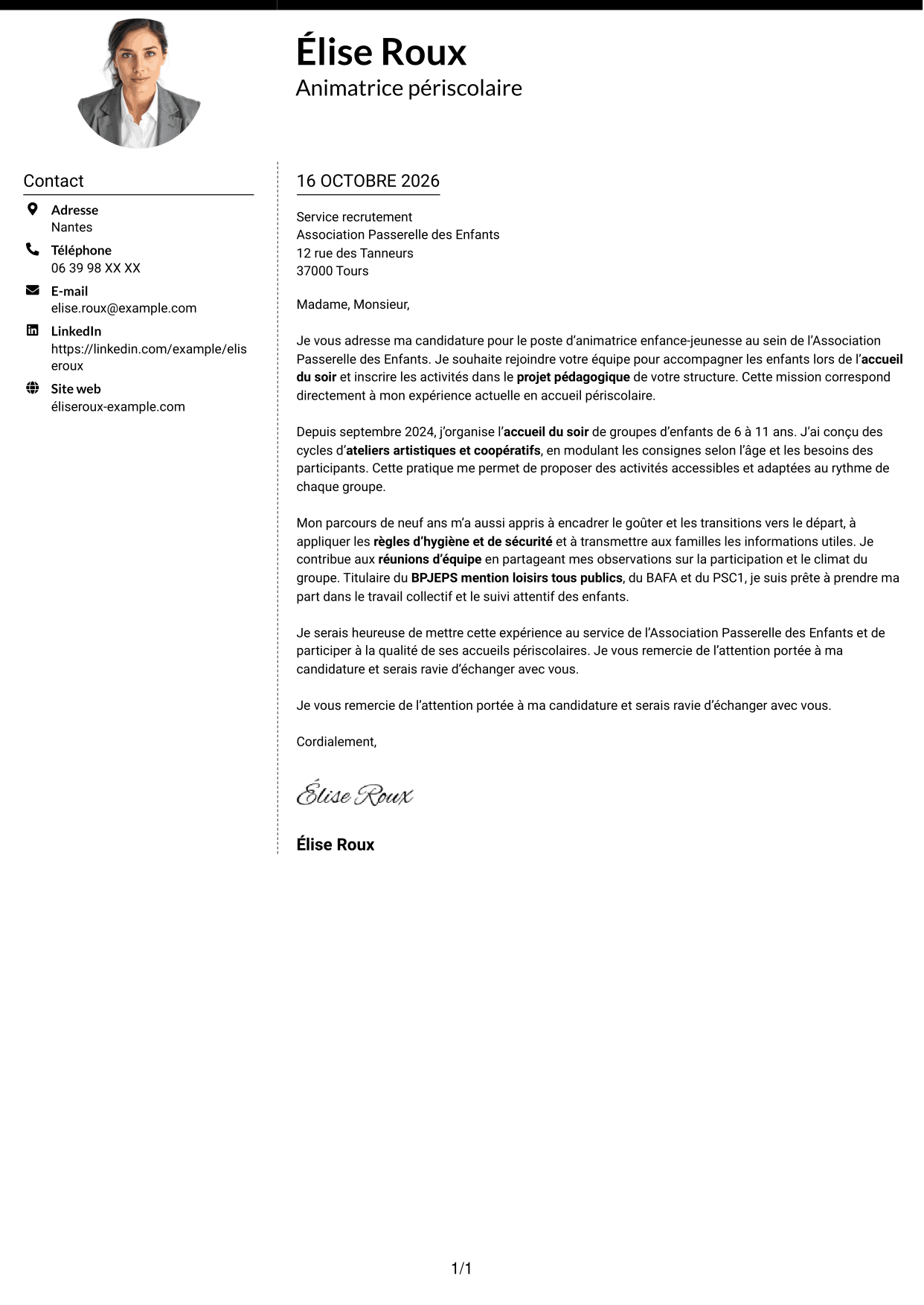 Lettre de motivation Moderne (format à deux colonnes avec photo à gauche et séparateur) : Animateur enfance-jeunesse - Accueil périscolaire, page 1
