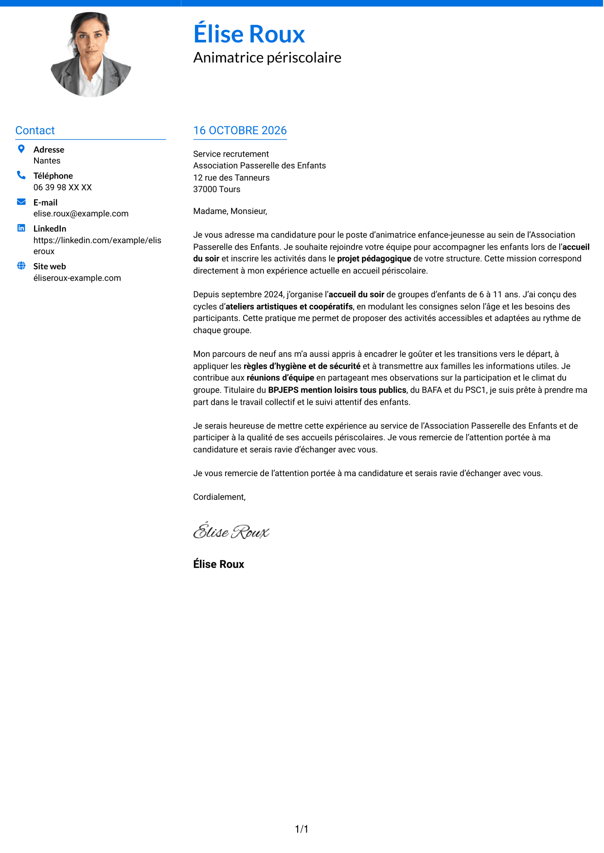 Lettre de motivation Audacieux (format à deux colonnes avec accents colorés et photo) : Animateur enfance-jeunesse - Accueil périscolaire, page 1