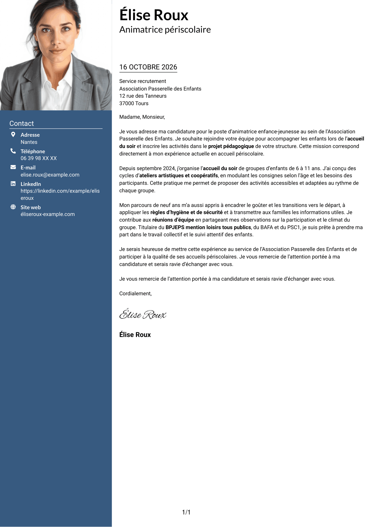 Lettre de motivation Signature (format à colonne latérale colorée avec grande photo) : Animateur enfance-jeunesse - Accueil périscolaire, page 1