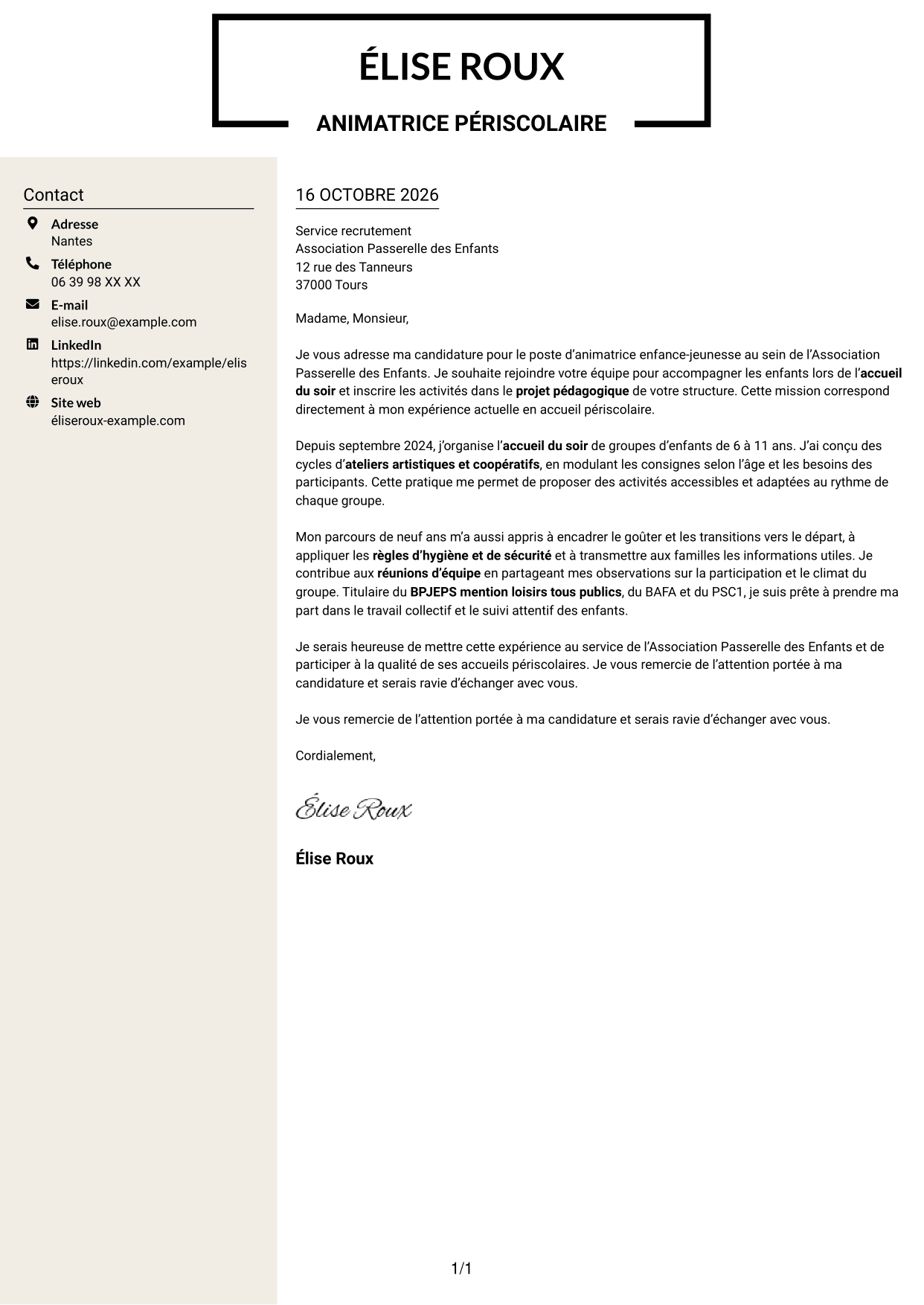 Lettre de motivation Fonceur (format à deux colonnes avec en-tête centré sans photo) : Animateur enfance-jeunesse - Accueil périscolaire, page 1