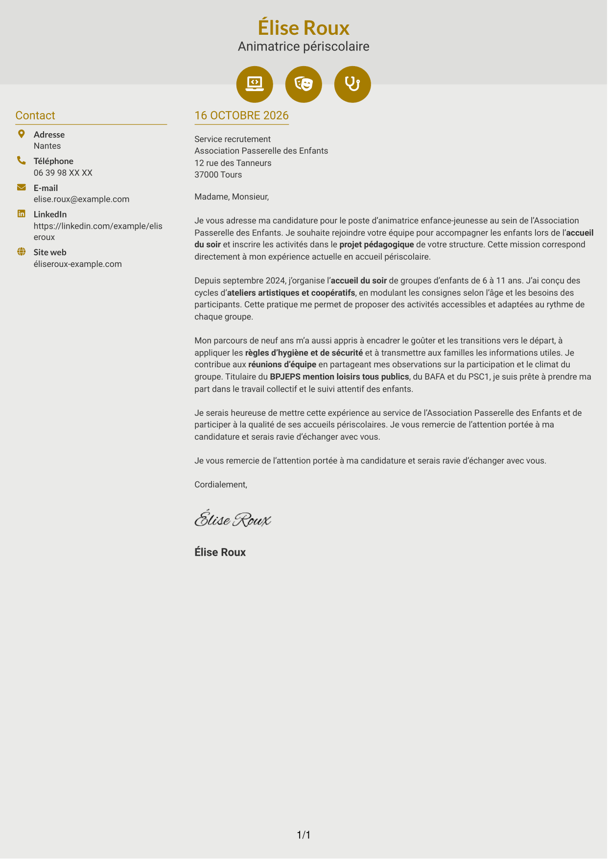 Lettre de motivation Dynamique (format à deux colonnes avec icônes) : Animateur enfance-jeunesse - Accueil périscolaire, page 1
