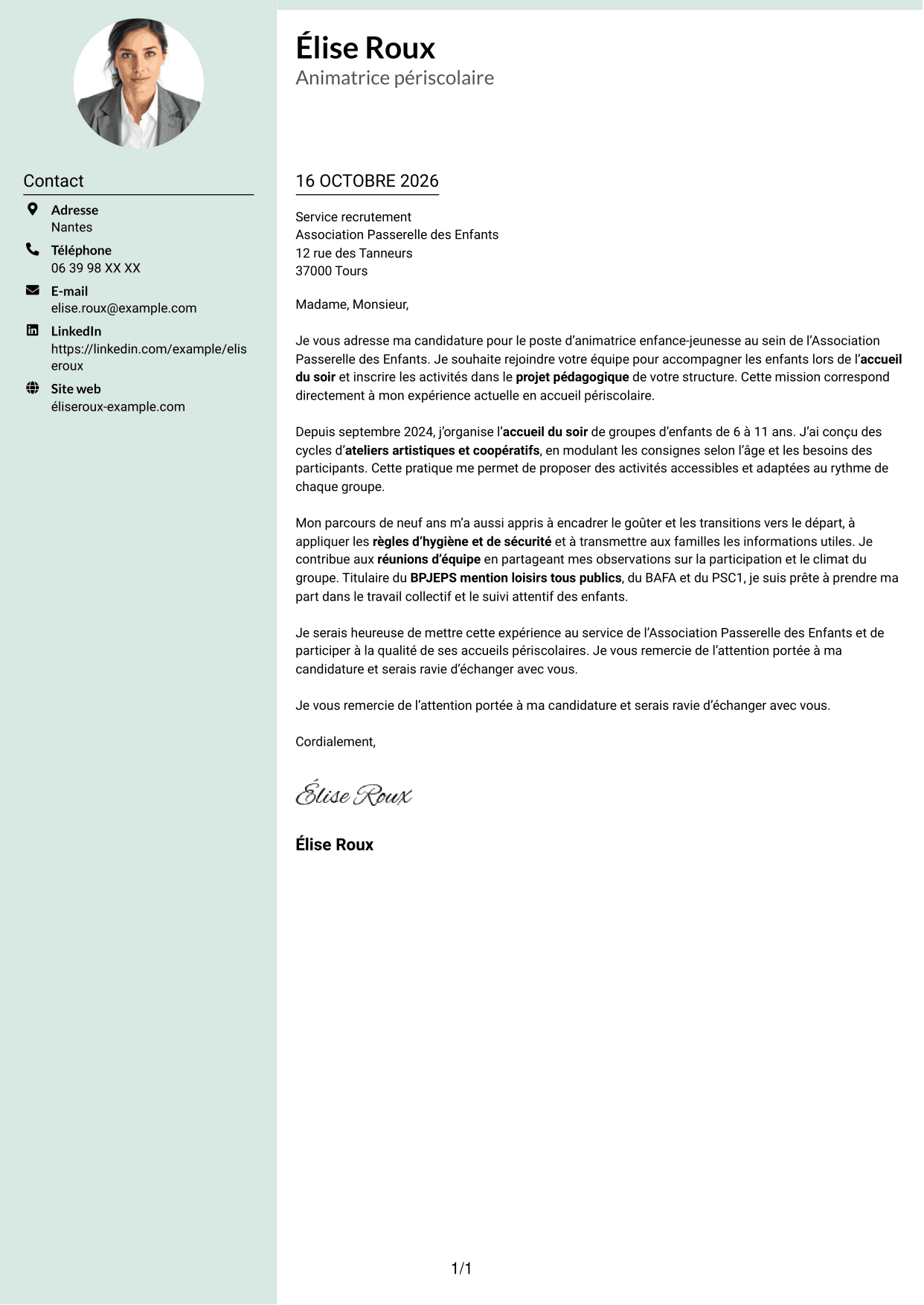Lettre de motivation Cadre (format à colonne latérale douce avec photo arrondie) : Animateur enfance-jeunesse - Accueil périscolaire, page 1