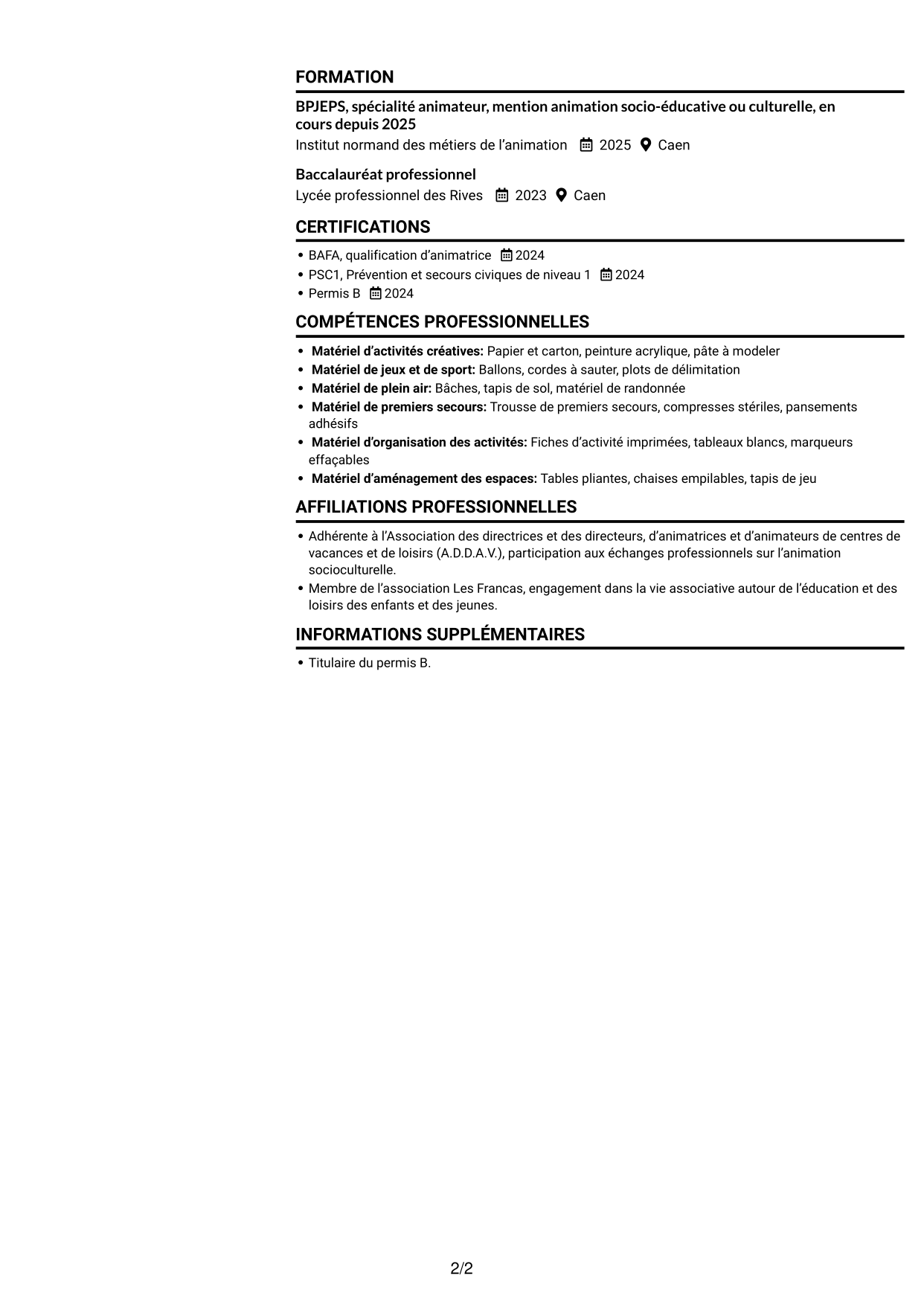 CV Compact (format sobre à deux colonnes avec photo) : Apprentie animatrice d’accueil de loisirs - Enfance et jeunesse, page 2
