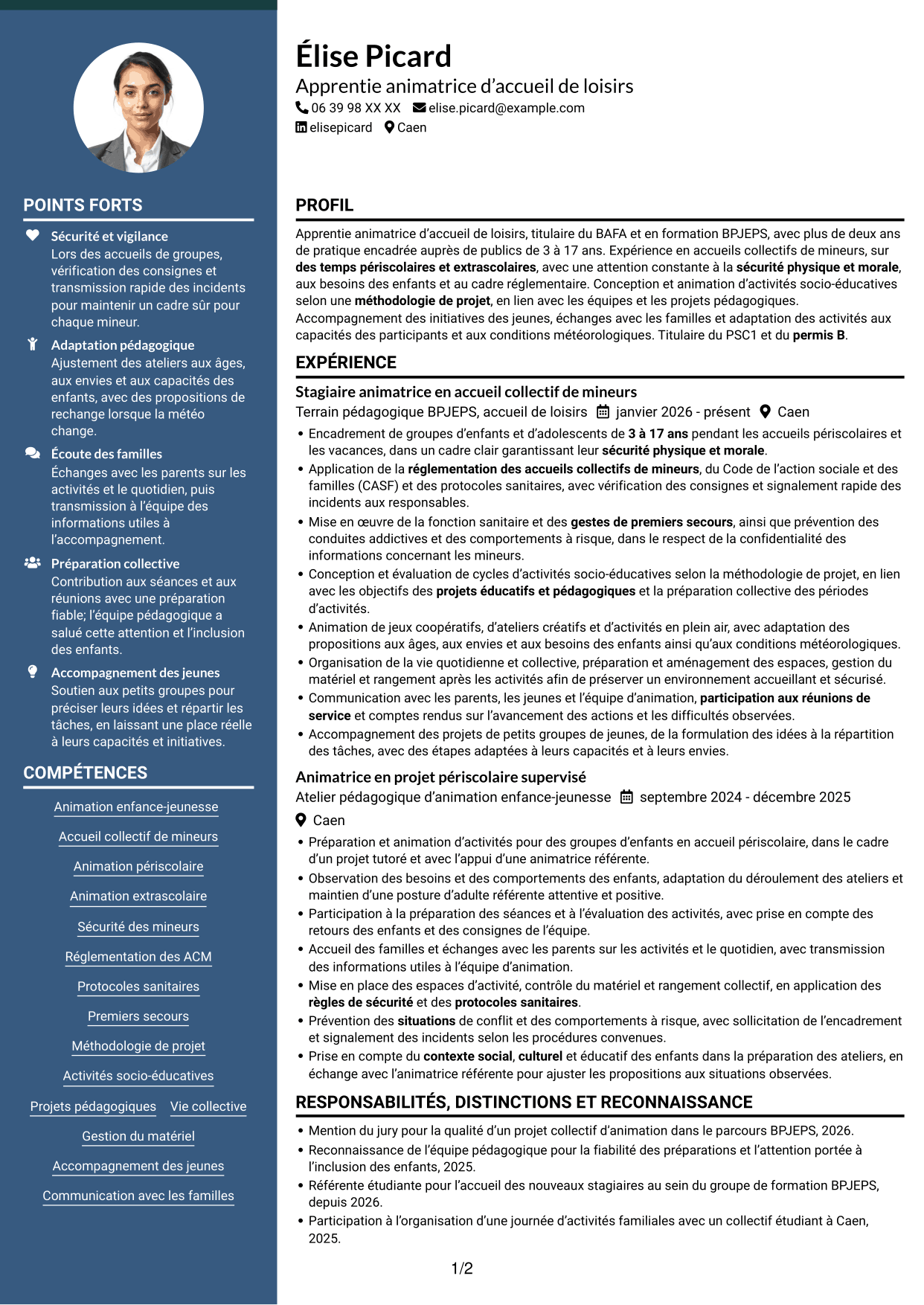 CV Élégant (format à colonne latérale colorée avec photo) : Apprentie animatrice d’accueil de loisirs - Enfance et jeunesse, page 1