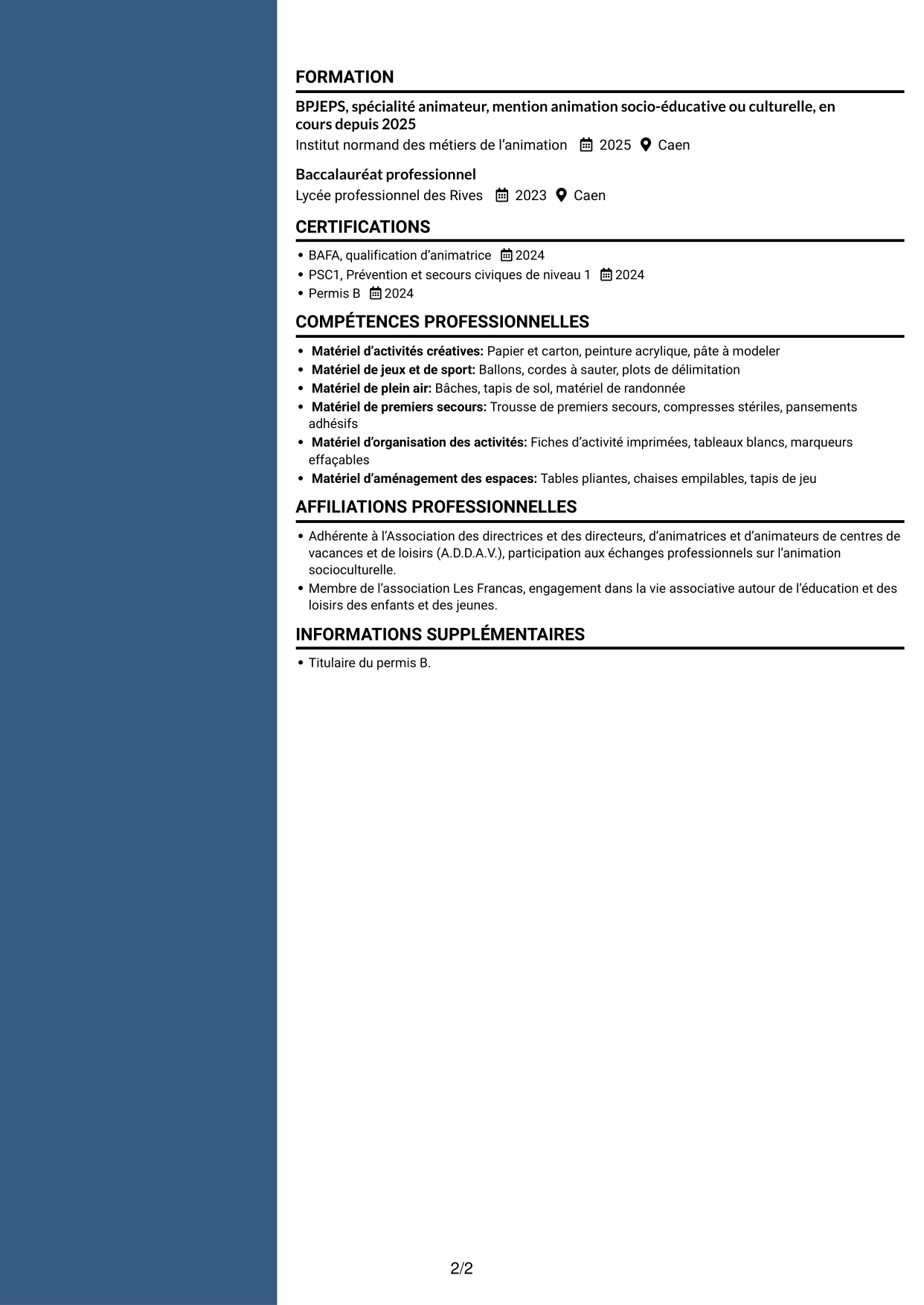 CV Élégant (format à colonne latérale colorée avec photo) : Apprentie animatrice d’accueil de loisirs - Enfance et jeunesse, page 2