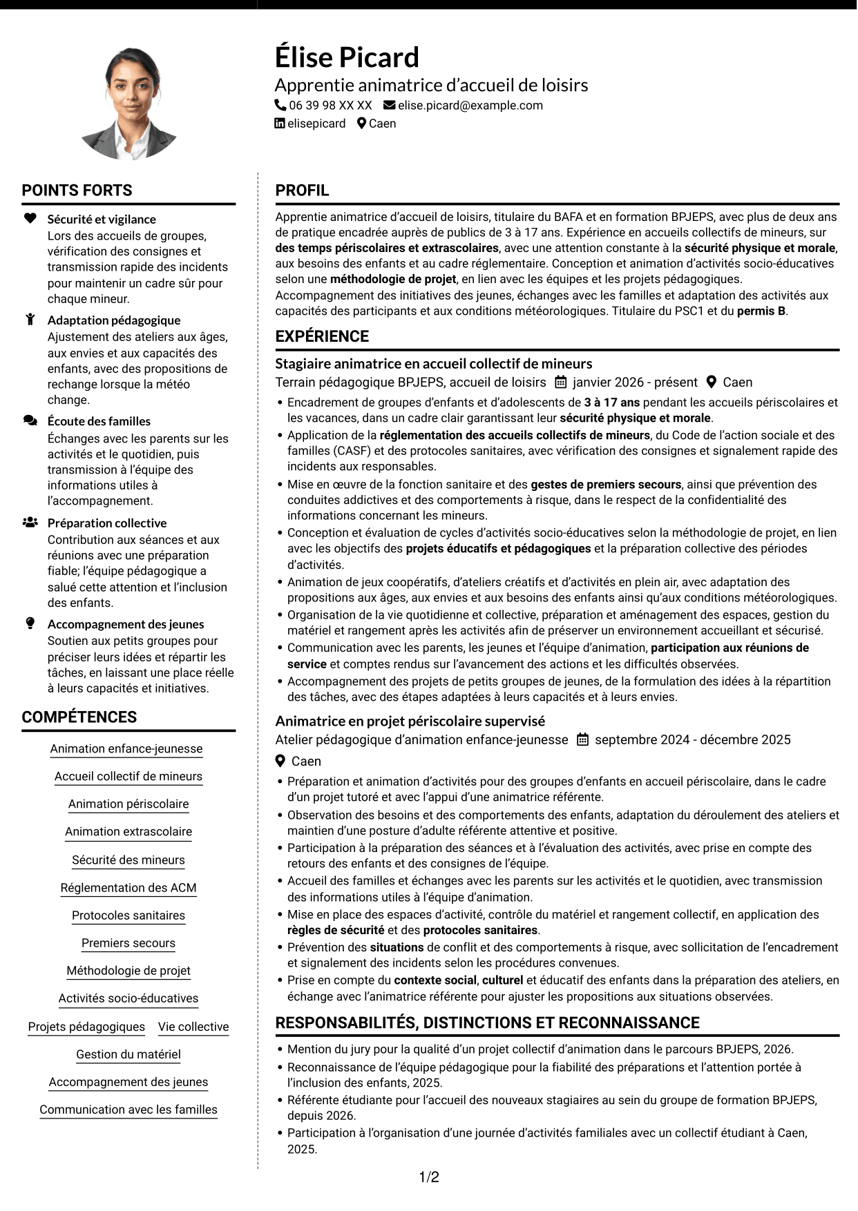 CV Moderne (format à deux colonnes avec photo à gauche et séparateur) : Apprentie animatrice d’accueil de loisirs - Enfance et jeunesse, page 1