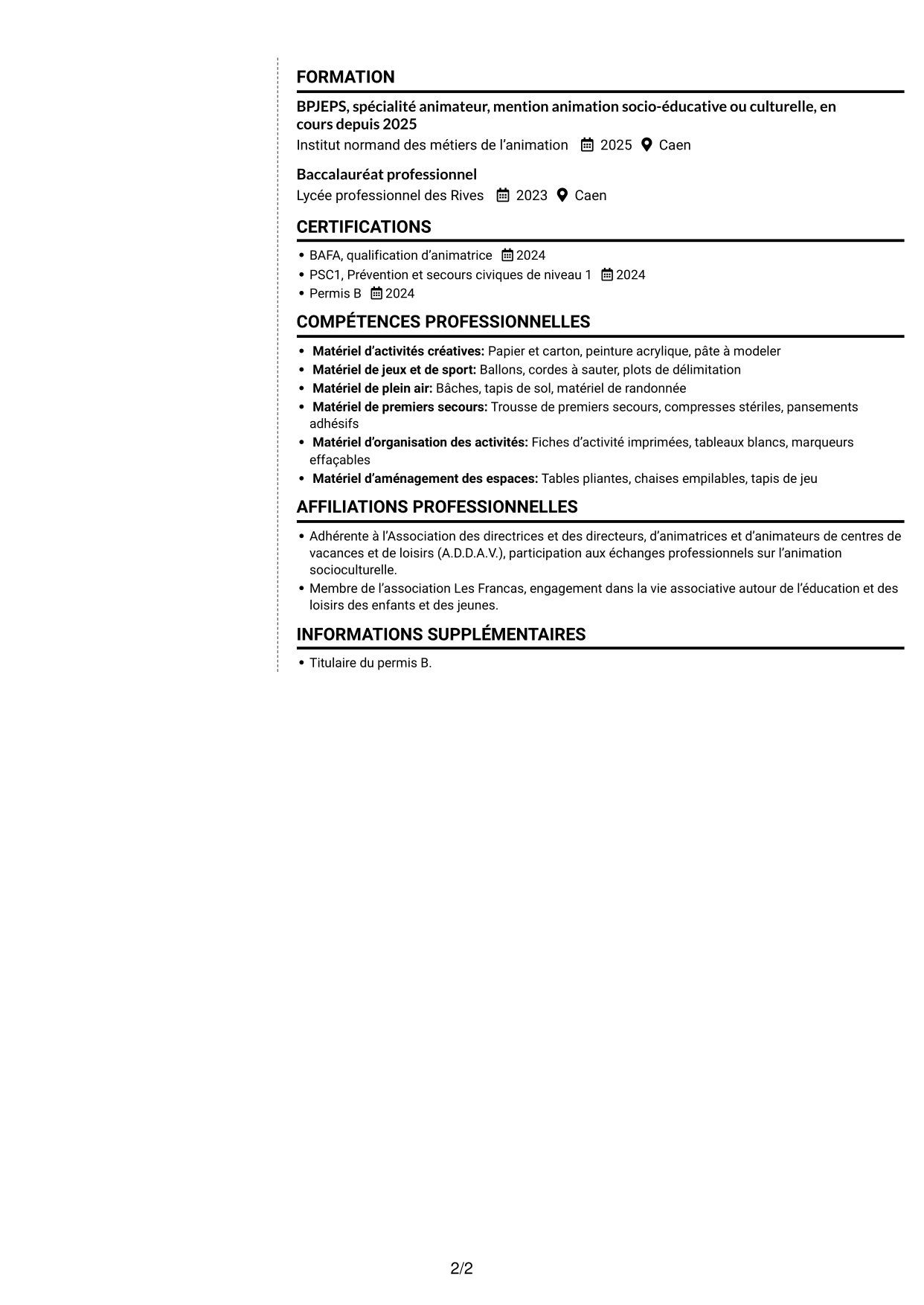CV Moderne (format à deux colonnes avec photo à gauche et séparateur) : Apprentie animatrice d’accueil de loisirs - Enfance et jeunesse, page 2