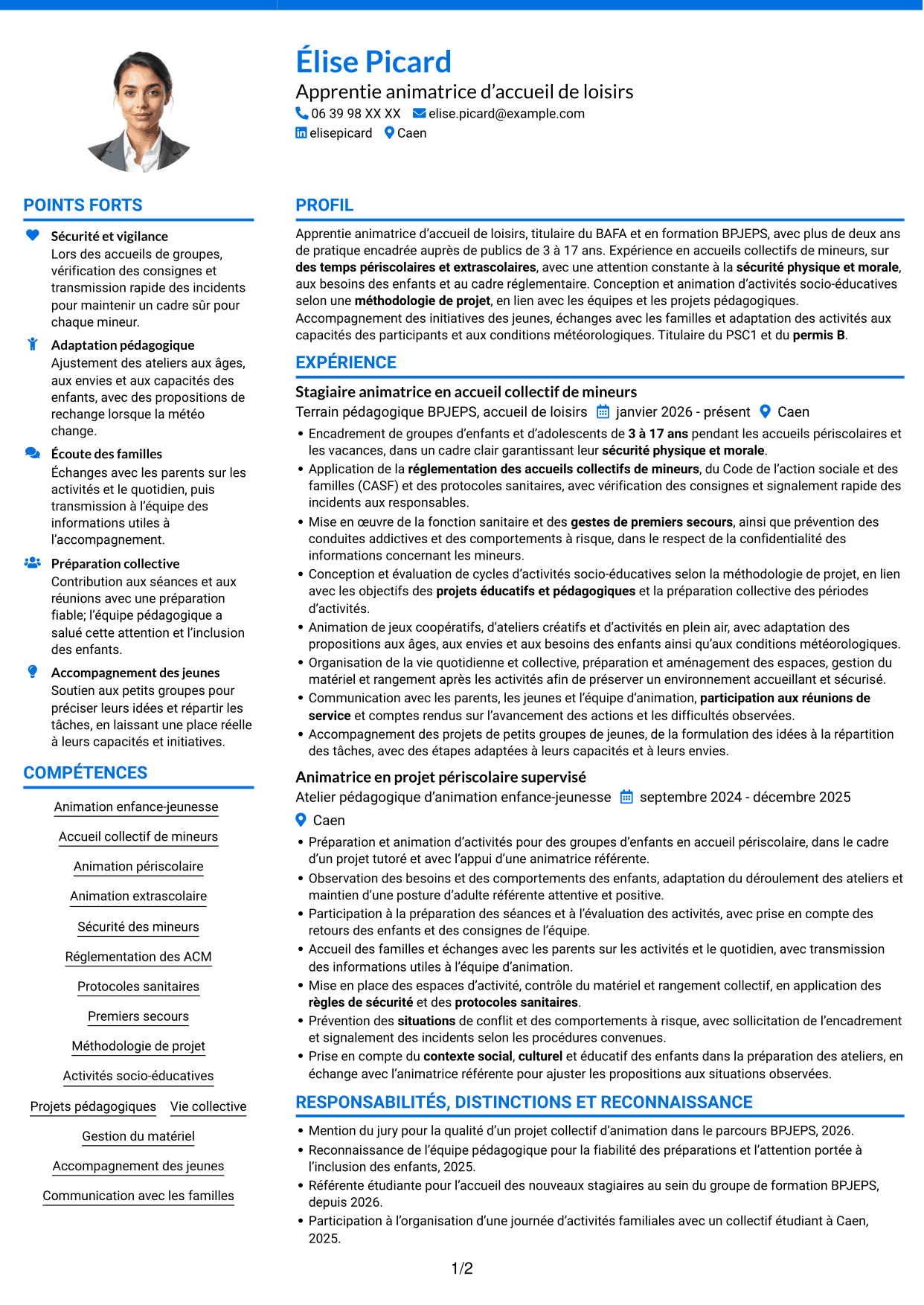 CV Audacieux (format à deux colonnes avec accents colorés et photo) : Apprentie animatrice d’accueil de loisirs - Enfance et jeunesse, page 1