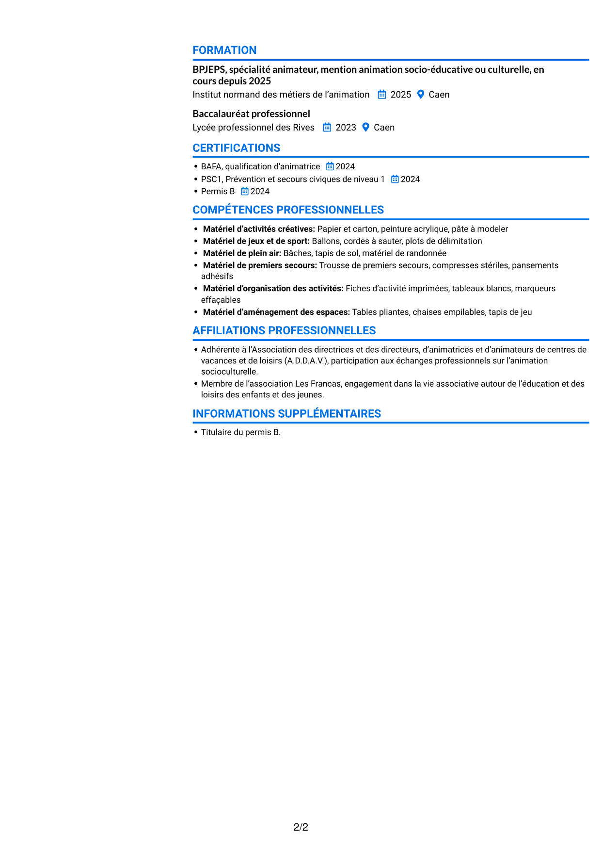 CV Audacieux (format à deux colonnes avec accents colorés et photo) : Apprentie animatrice d’accueil de loisirs - Enfance et jeunesse, page 2