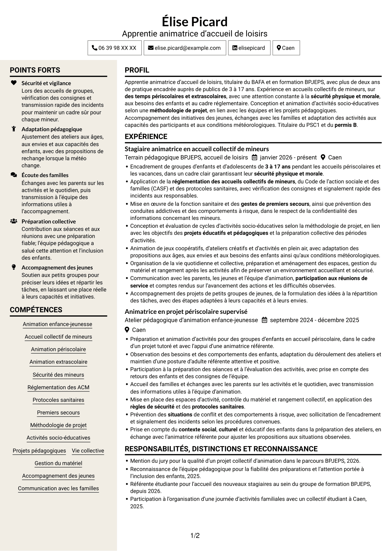 CV Fonceur (format à deux colonnes avec en-tête centré sans photo) : Apprentie animatrice d’accueil de loisirs - Enfance et jeunesse, page 1