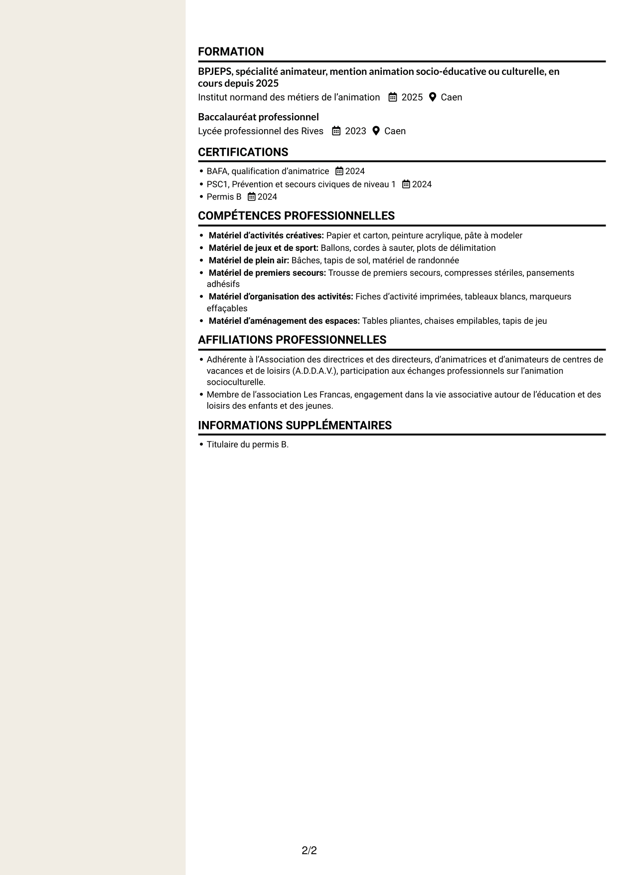 CV Fonceur (format à deux colonnes avec en-tête centré sans photo) : Apprentie animatrice d’accueil de loisirs - Enfance et jeunesse, page 2