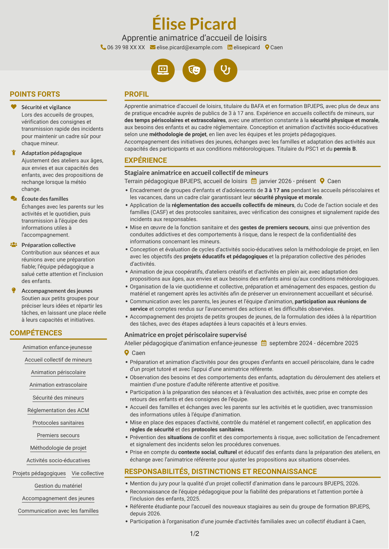 CV Dynamique (format à deux colonnes avec icônes) : Apprentie animatrice d’accueil de loisirs - Enfance et jeunesse, page 1