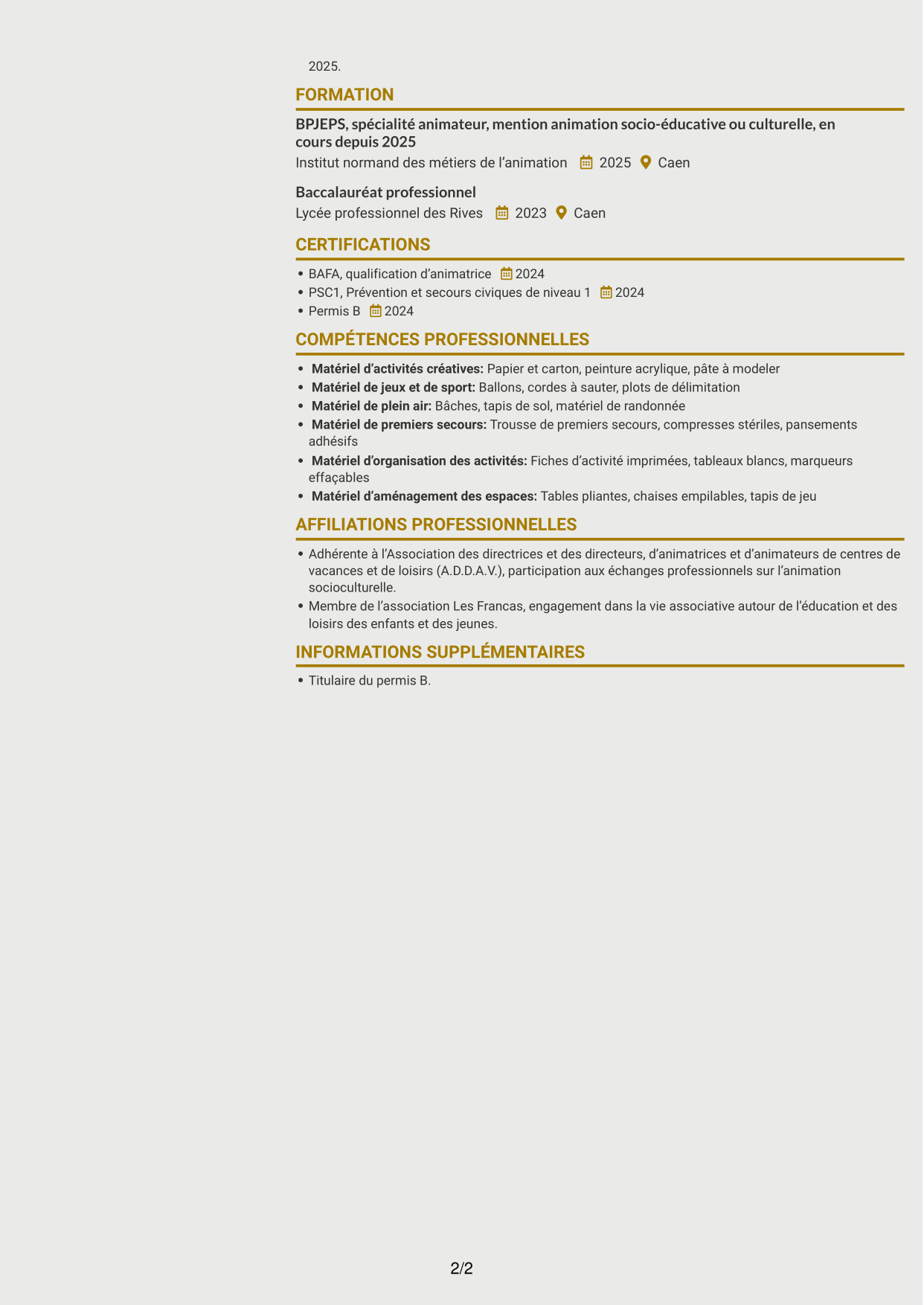 CV Dynamique (format à deux colonnes avec icônes) : Apprentie animatrice d’accueil de loisirs - Enfance et jeunesse, page 2