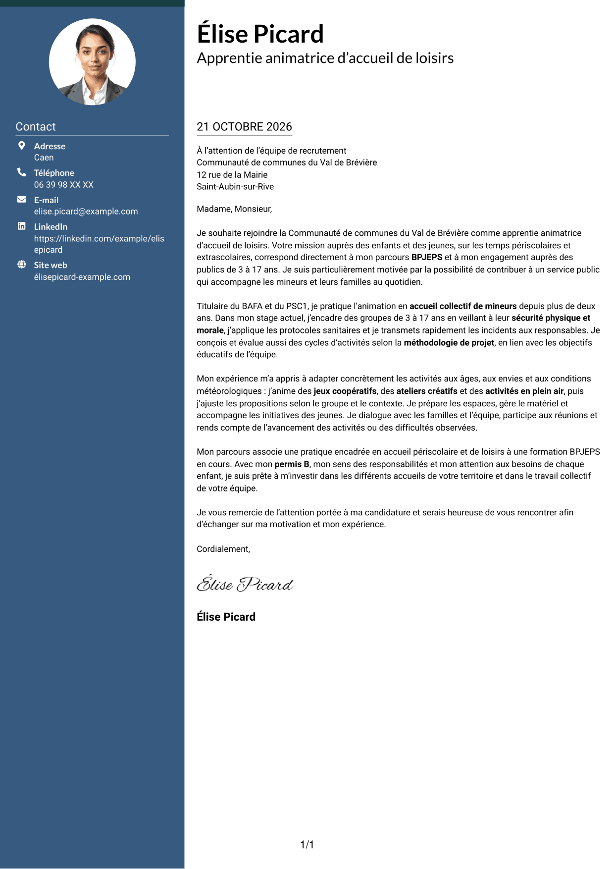 Lettre de motivation Élégant (format à colonne latérale colorée avec photo) : Apprentie animatrice d’accueil de loisirs - Enfance et jeunesse, page 1