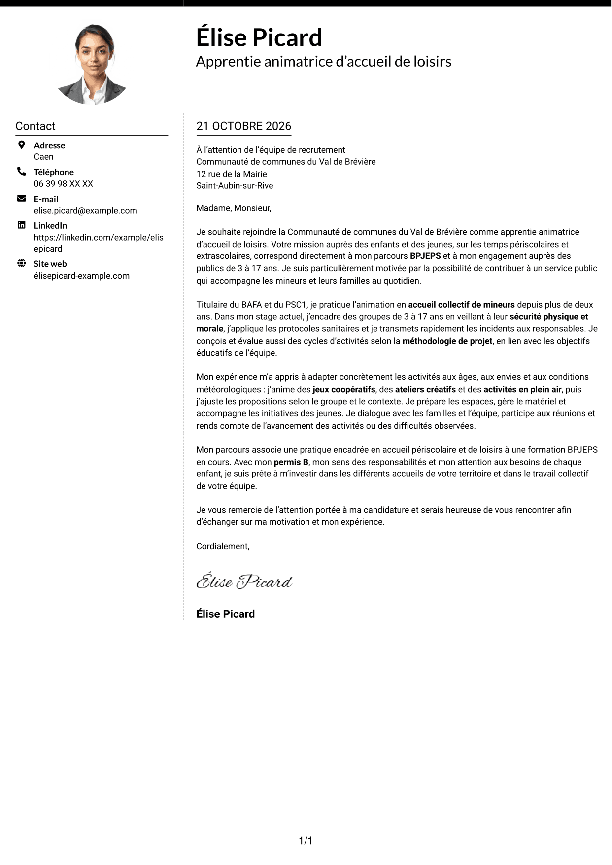 Lettre de motivation Moderne (format à deux colonnes avec photo à gauche et séparateur) : Apprentie animatrice d’accueil de loisirs - Enfance et jeunesse, page 1