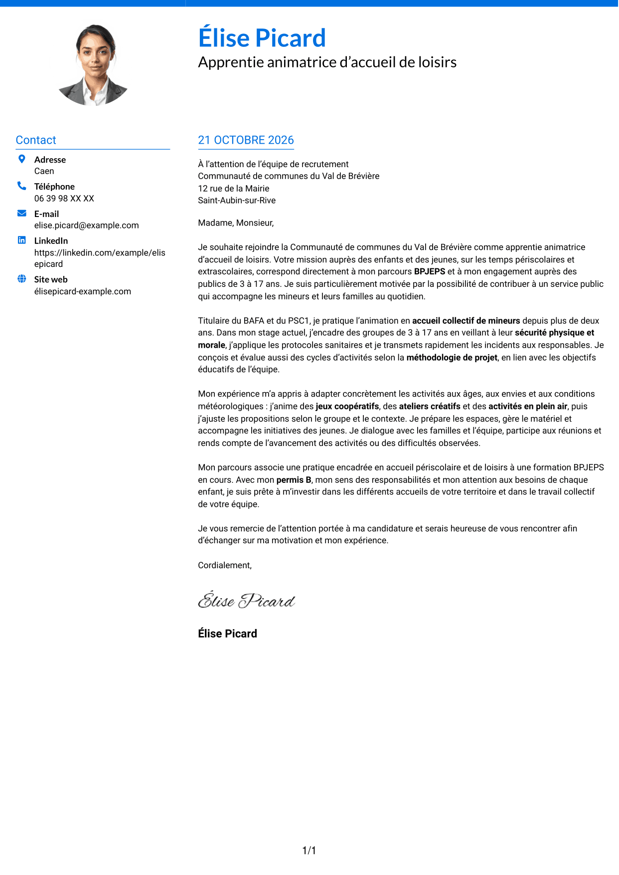 Lettre de motivation Audacieux (format à deux colonnes avec accents colorés et photo) : Apprentie animatrice d’accueil de loisirs - Enfance et jeunesse, page 1
