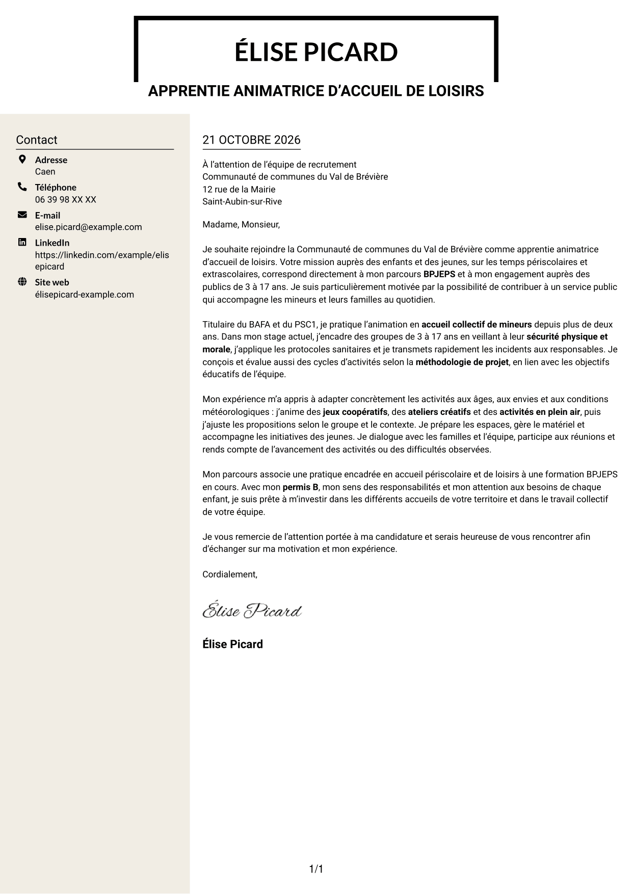 Lettre de motivation Fonceur (format à deux colonnes avec en-tête centré sans photo) : Apprentie animatrice d’accueil de loisirs - Enfance et jeunesse, page 1