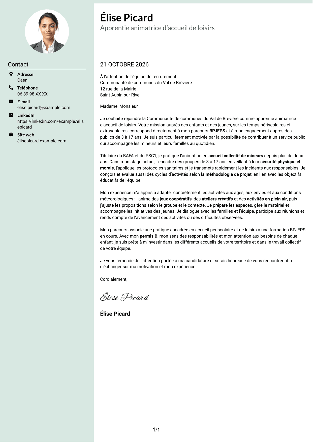Lettre de motivation Cadre (format à colonne latérale douce avec photo arrondie) : Apprentie animatrice d’accueil de loisirs - Enfance et jeunesse, page 1