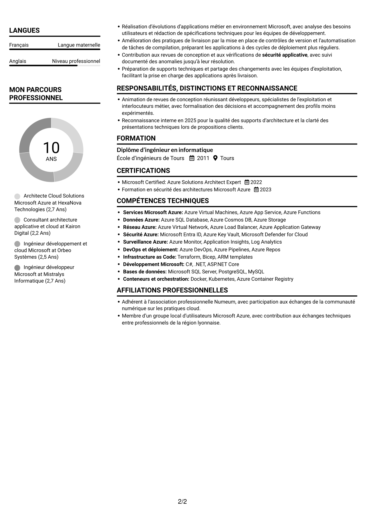 CV Compact (format sobre à deux colonnes avec photo) : Architecte Cloud Solutions - Microsoft Azure, page 2