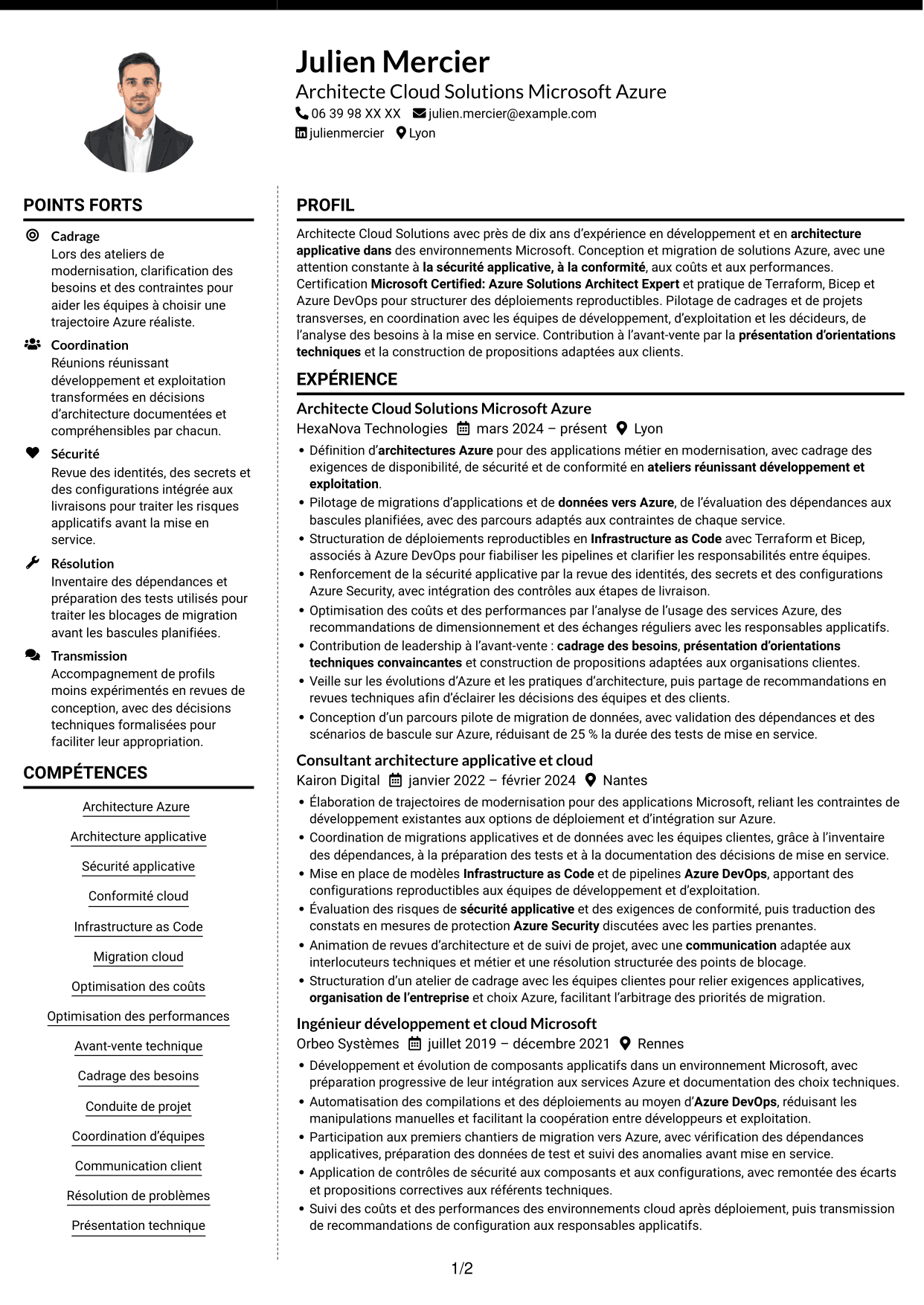 CV Moderne (format à deux colonnes avec photo à gauche et séparateur) : Architecte Cloud Solutions - Microsoft Azure, page 1