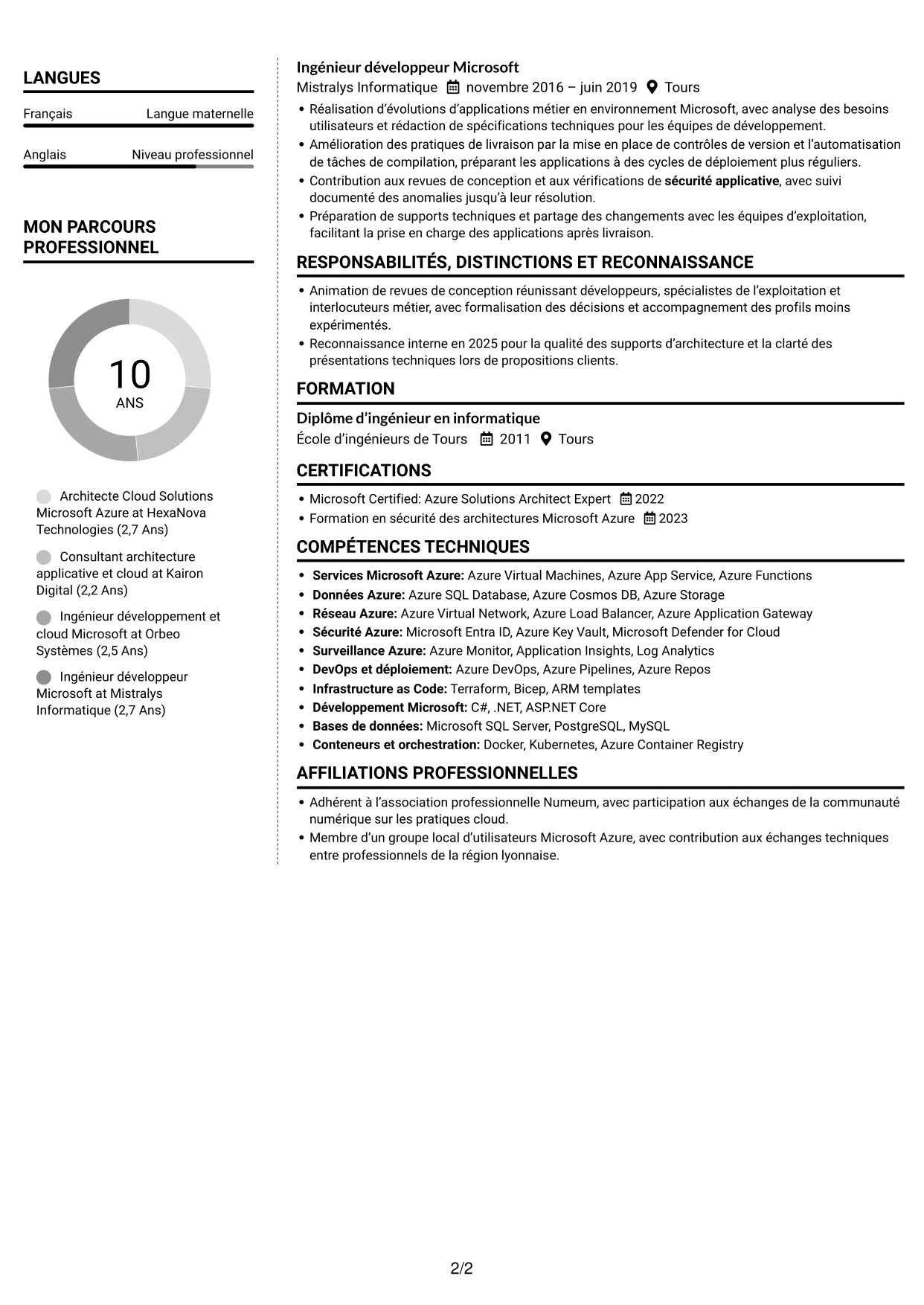 CV Moderne (format à deux colonnes avec photo à gauche et séparateur) : Architecte Cloud Solutions - Microsoft Azure, page 2