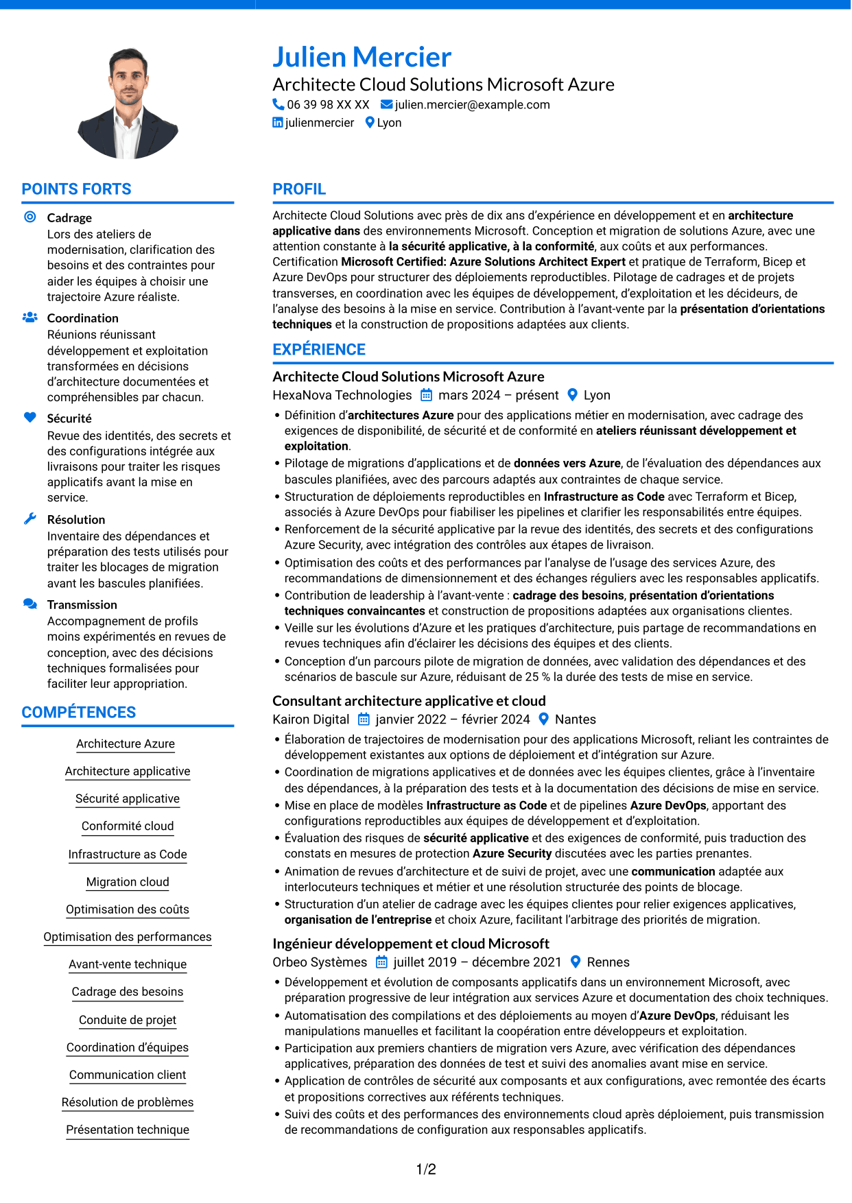 CV Audacieux (format à deux colonnes avec accents colorés et photo) : Architecte Cloud Solutions - Microsoft Azure, page 1