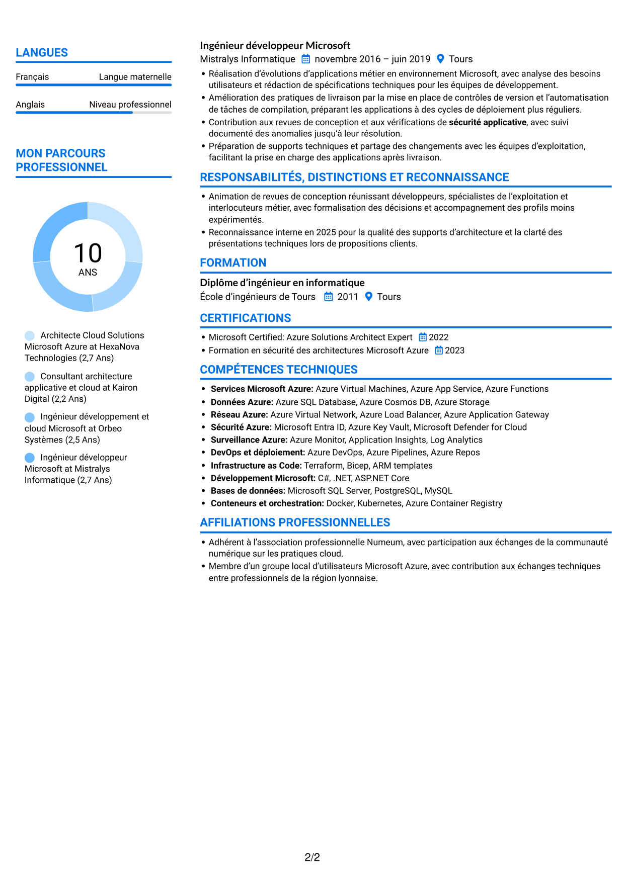 CV Audacieux (format à deux colonnes avec accents colorés et photo) : Architecte Cloud Solutions - Microsoft Azure, page 2