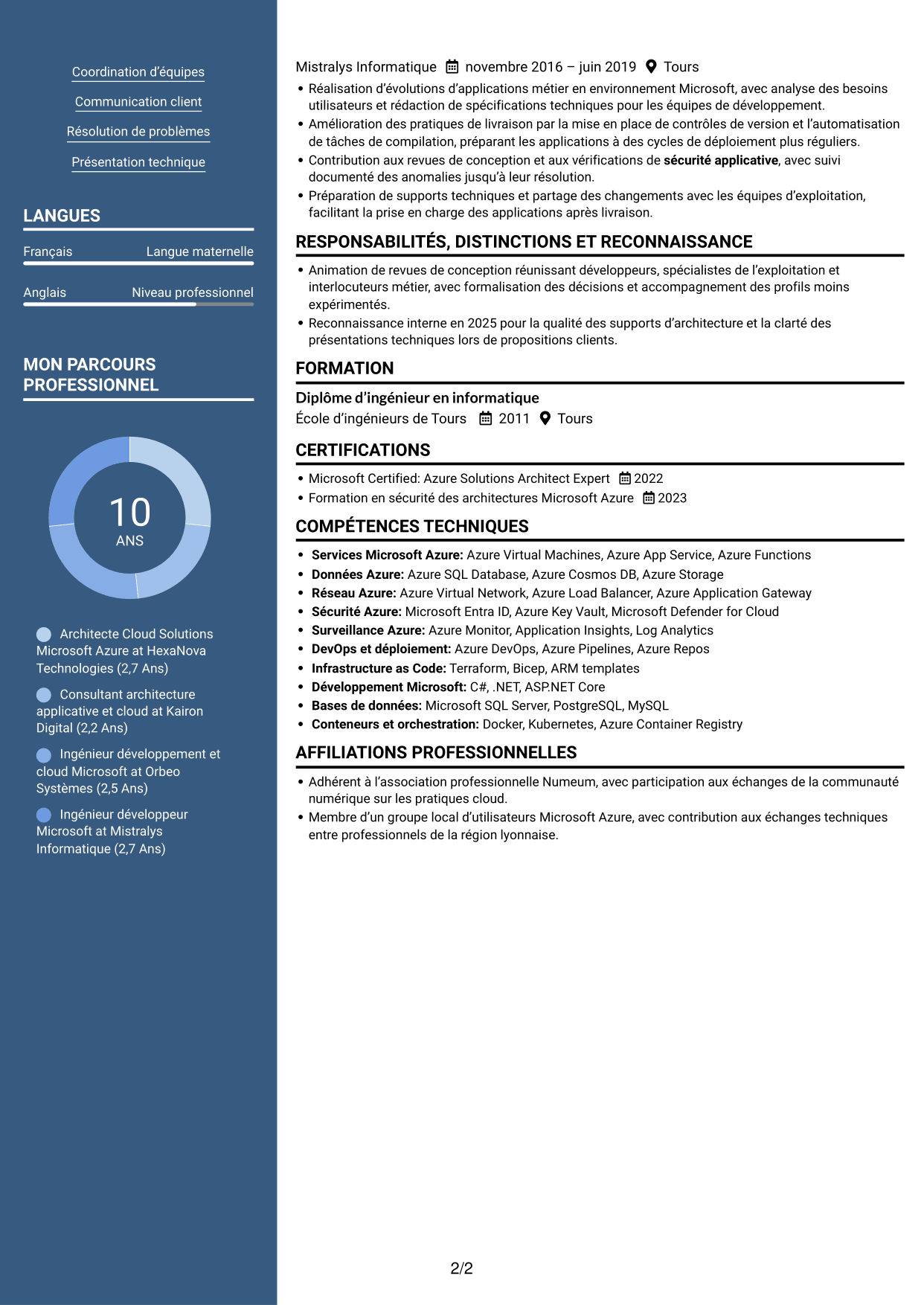 CV Signature (format à colonne latérale colorée avec grande photo) : Architecte Cloud Solutions - Microsoft Azure, page 2