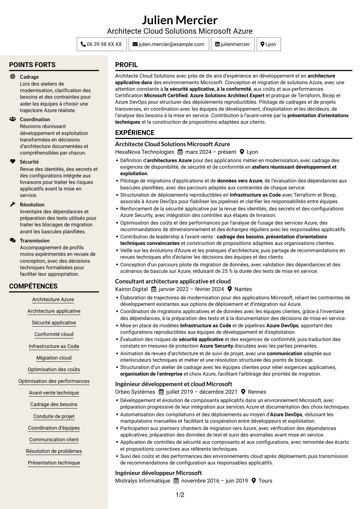 CV Fonceur (format à deux colonnes avec en-tête centré sans photo) : Architecte Cloud Solutions - Microsoft Azure, page 1