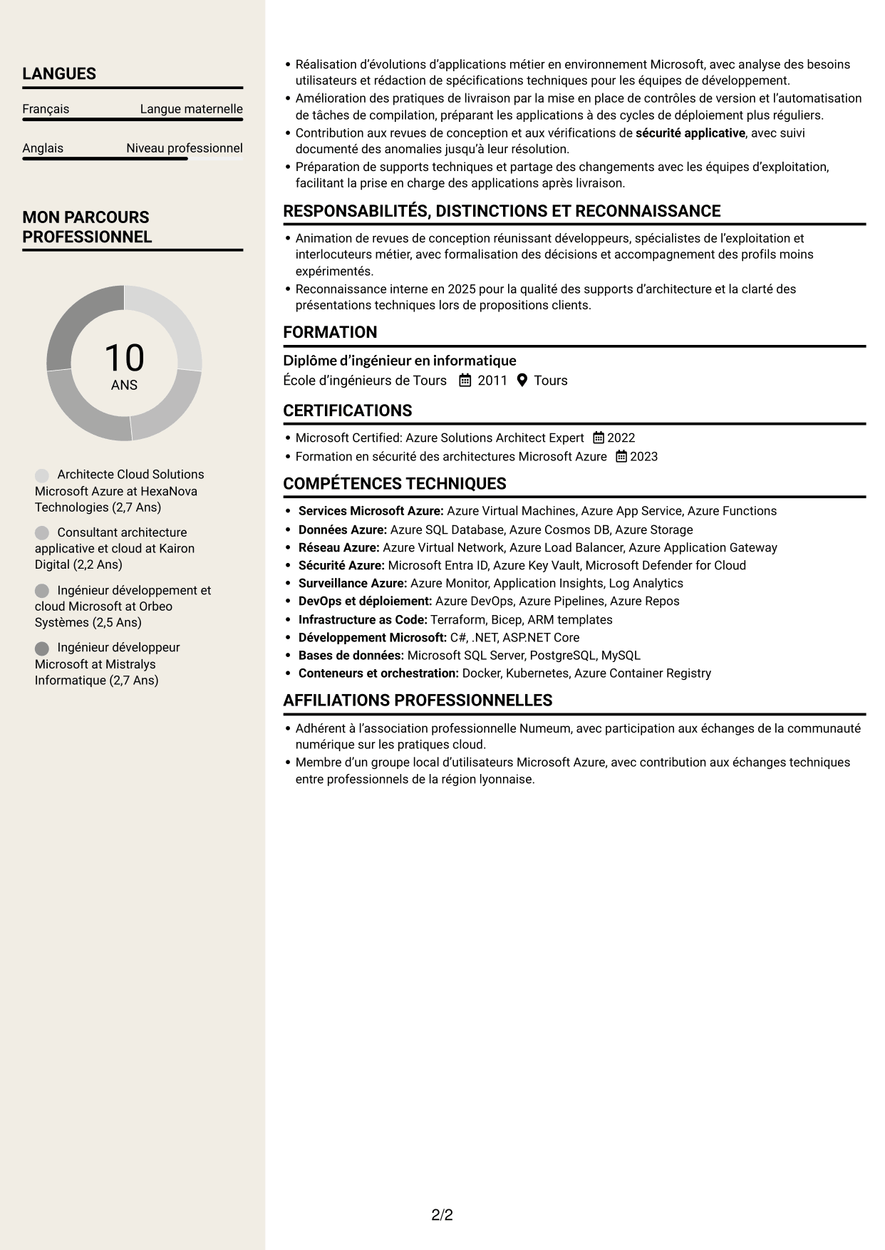 CV Fonceur (format à deux colonnes avec en-tête centré sans photo) : Architecte Cloud Solutions - Microsoft Azure, page 2