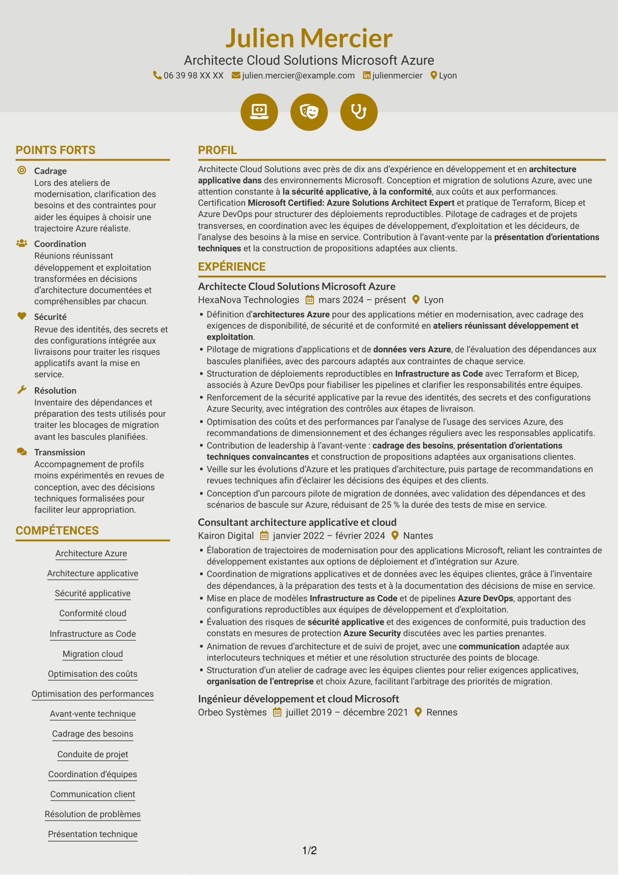 CV Dynamique (format à deux colonnes avec icônes) : Architecte Cloud Solutions - Microsoft Azure, page 1