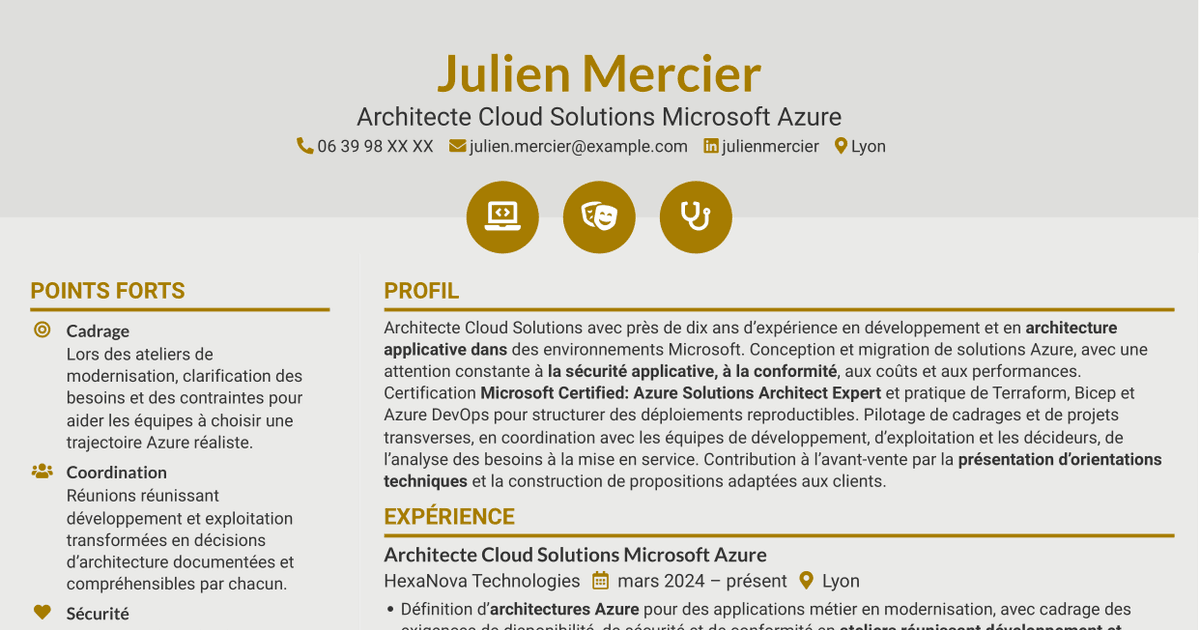 7 modèles de CV pour Architecte Cloud Solutions - Microsoft Azure, avec exemples