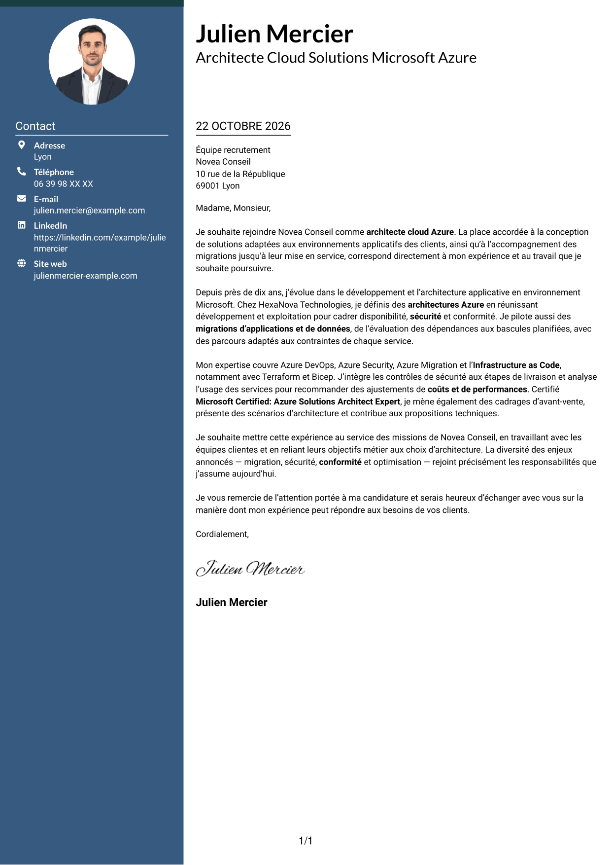 Lettre de motivation Élégant (format à colonne latérale colorée avec photo) : Architecte Cloud Solutions - Microsoft Azure, page 1