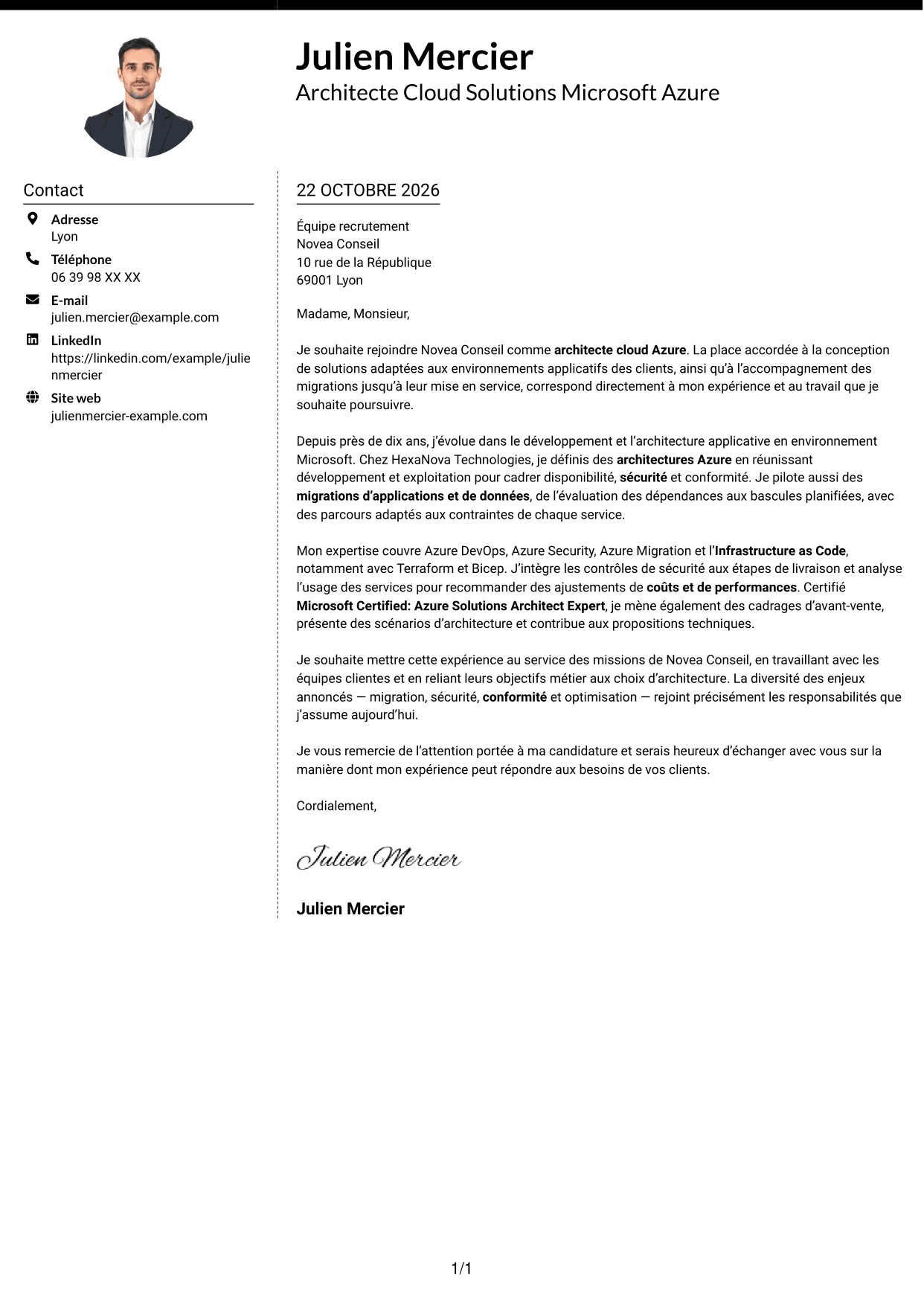 Lettre de motivation Moderne (format à deux colonnes avec photo à gauche et séparateur) : Architecte Cloud Solutions - Microsoft Azure, page 1