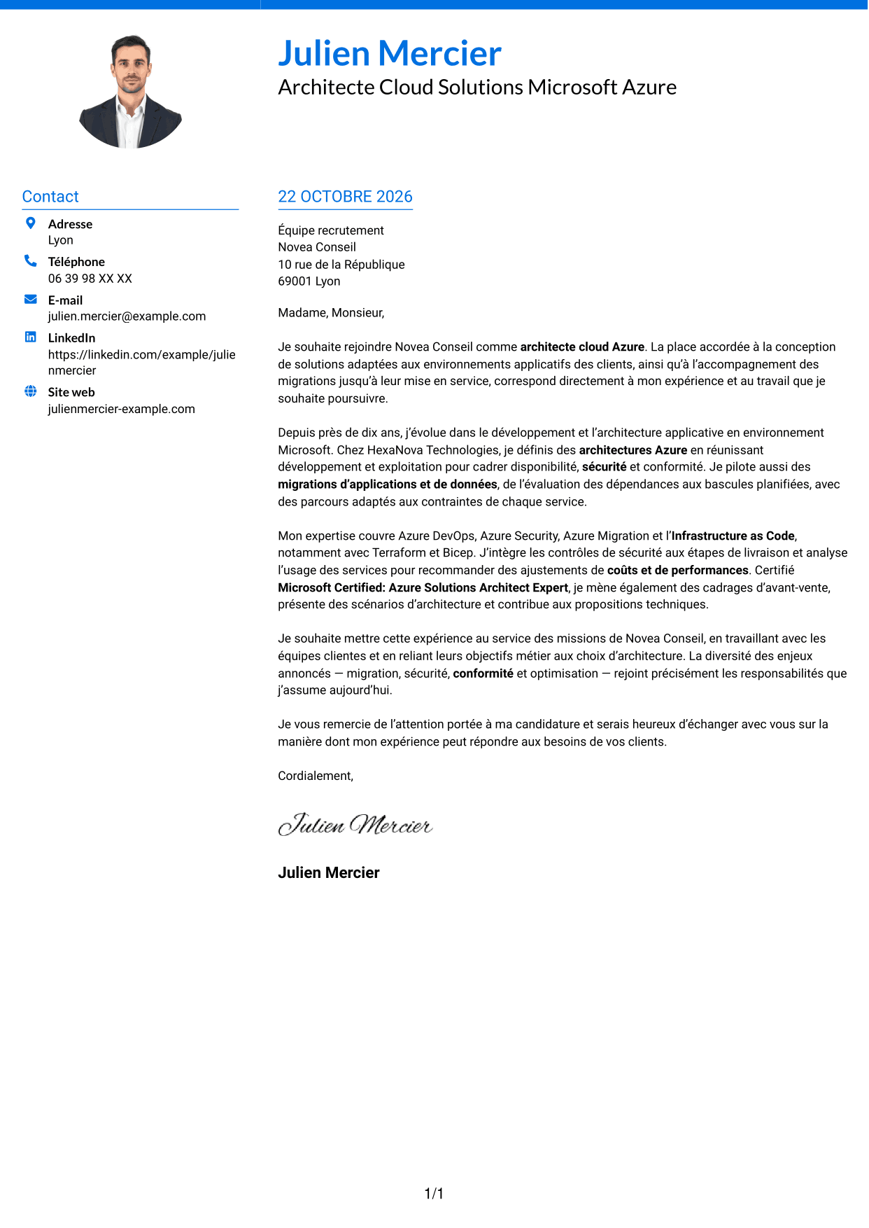 Lettre de motivation Audacieux (format à deux colonnes avec accents colorés et photo) : Architecte Cloud Solutions - Microsoft Azure, page 1
