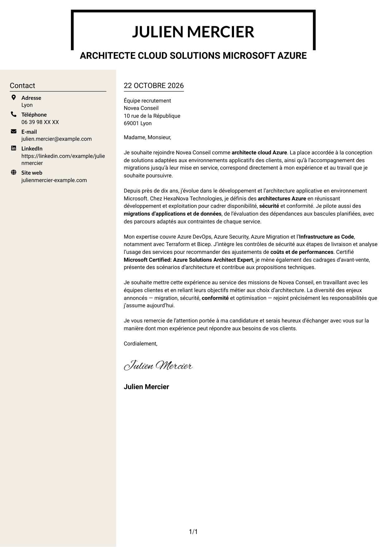 Lettre de motivation Fonceur (format à deux colonnes avec en-tête centré sans photo) : Architecte Cloud Solutions - Microsoft Azure, page 1