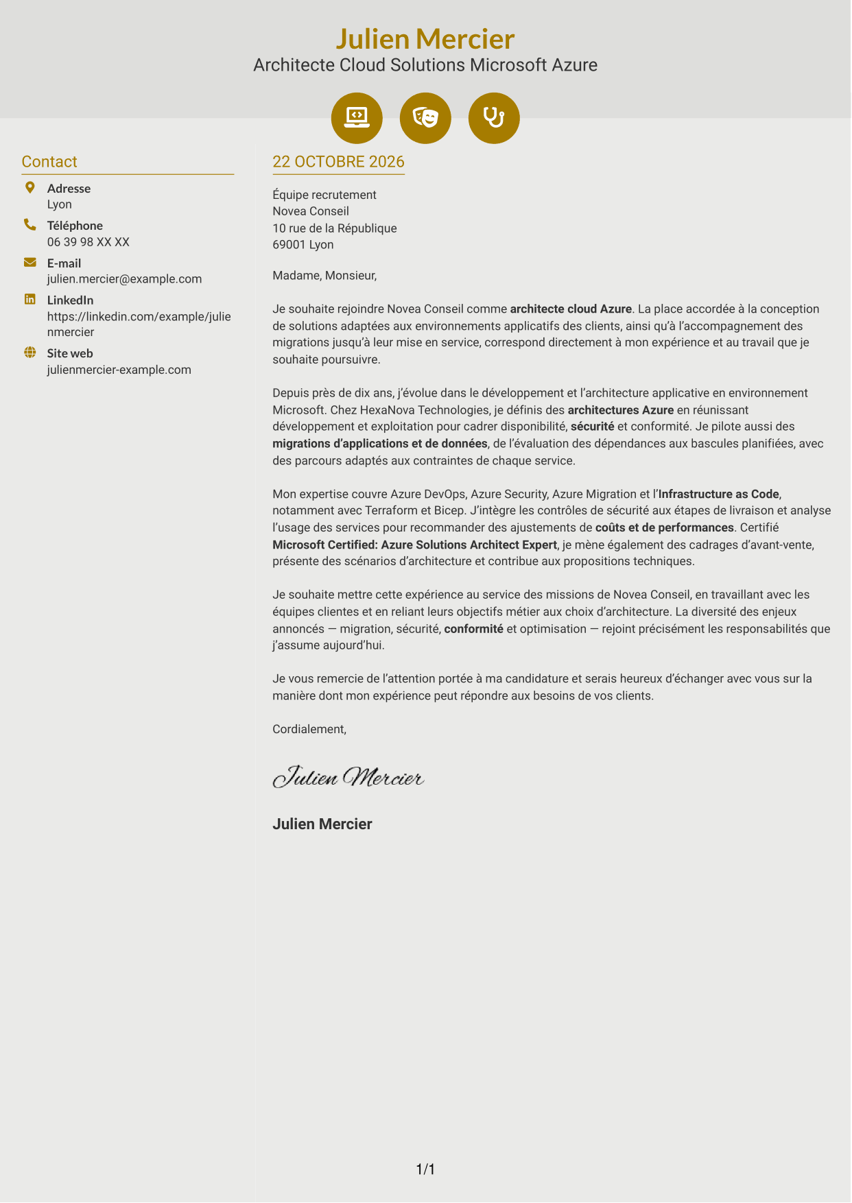 Lettre de motivation Dynamique (format à deux colonnes avec icônes) : Architecte Cloud Solutions - Microsoft Azure, page 1