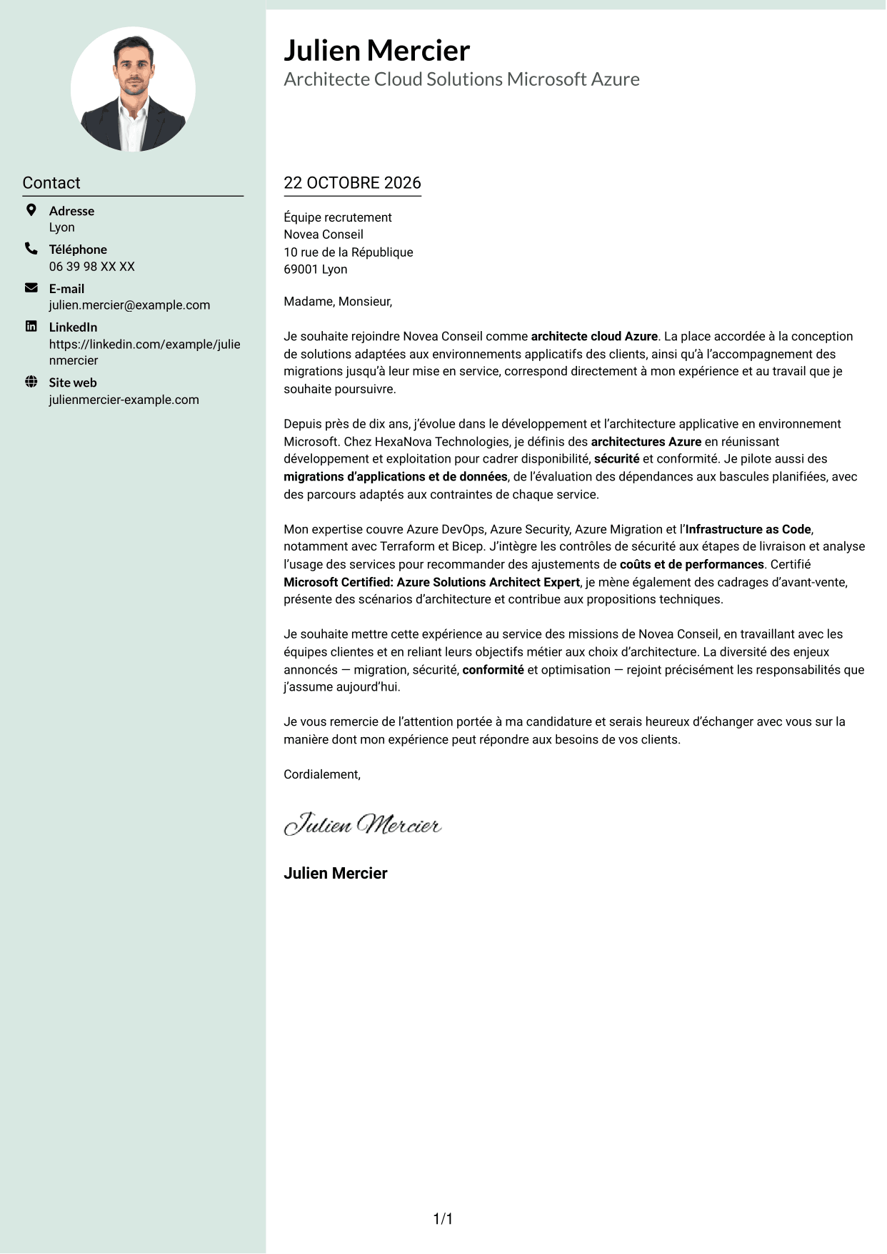 Lettre de motivation Cadre (format à colonne latérale douce avec photo arrondie) : Architecte Cloud Solutions - Microsoft Azure, page 1