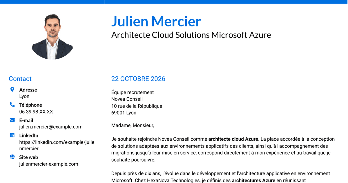 7 modèles de lettre de motivation pour Architecte Cloud Solutions - Microsoft Azure, avec exemples