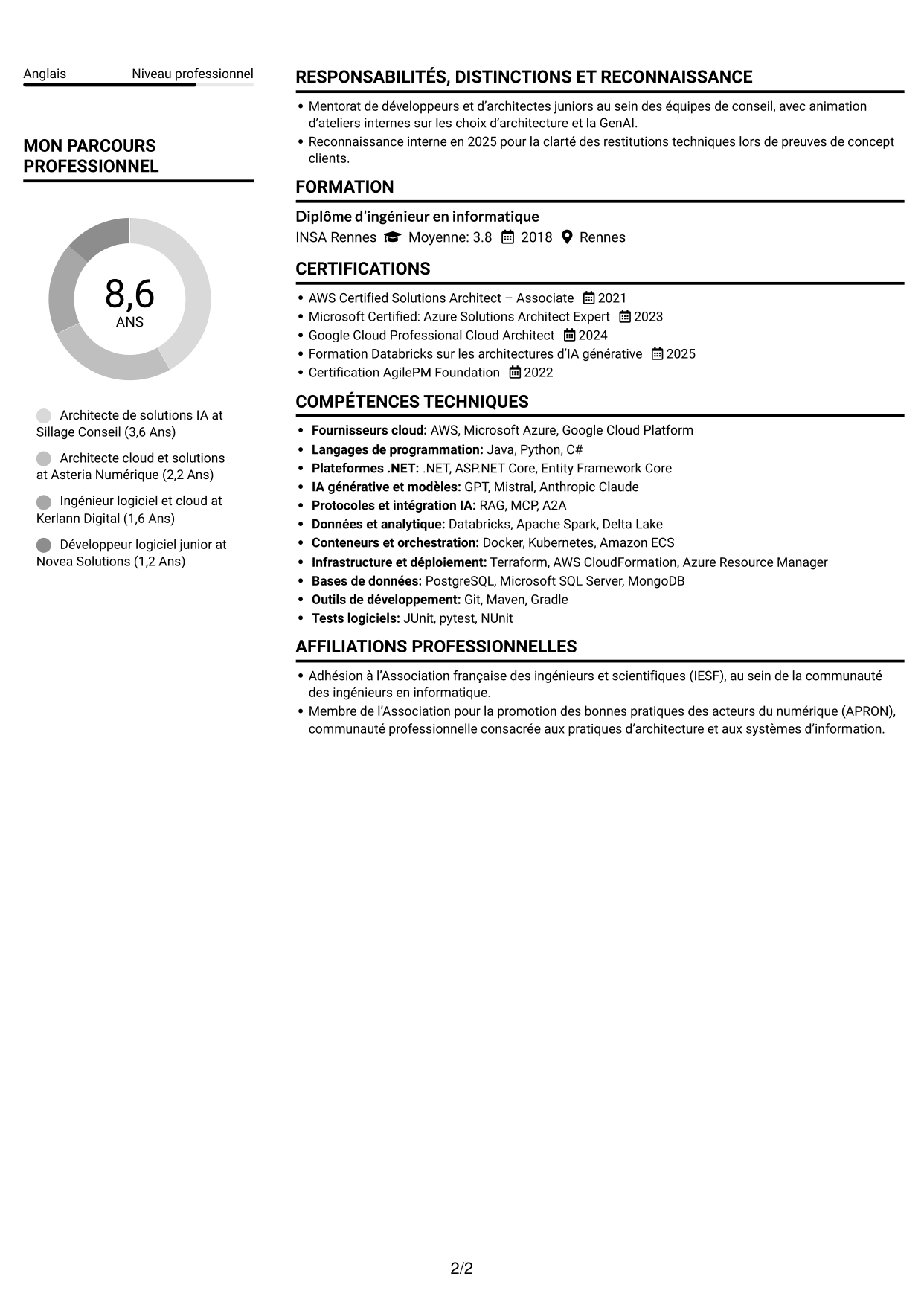 CV Compact (format sobre à deux colonnes avec photo) : Architecte de solutions IA générative, page 2