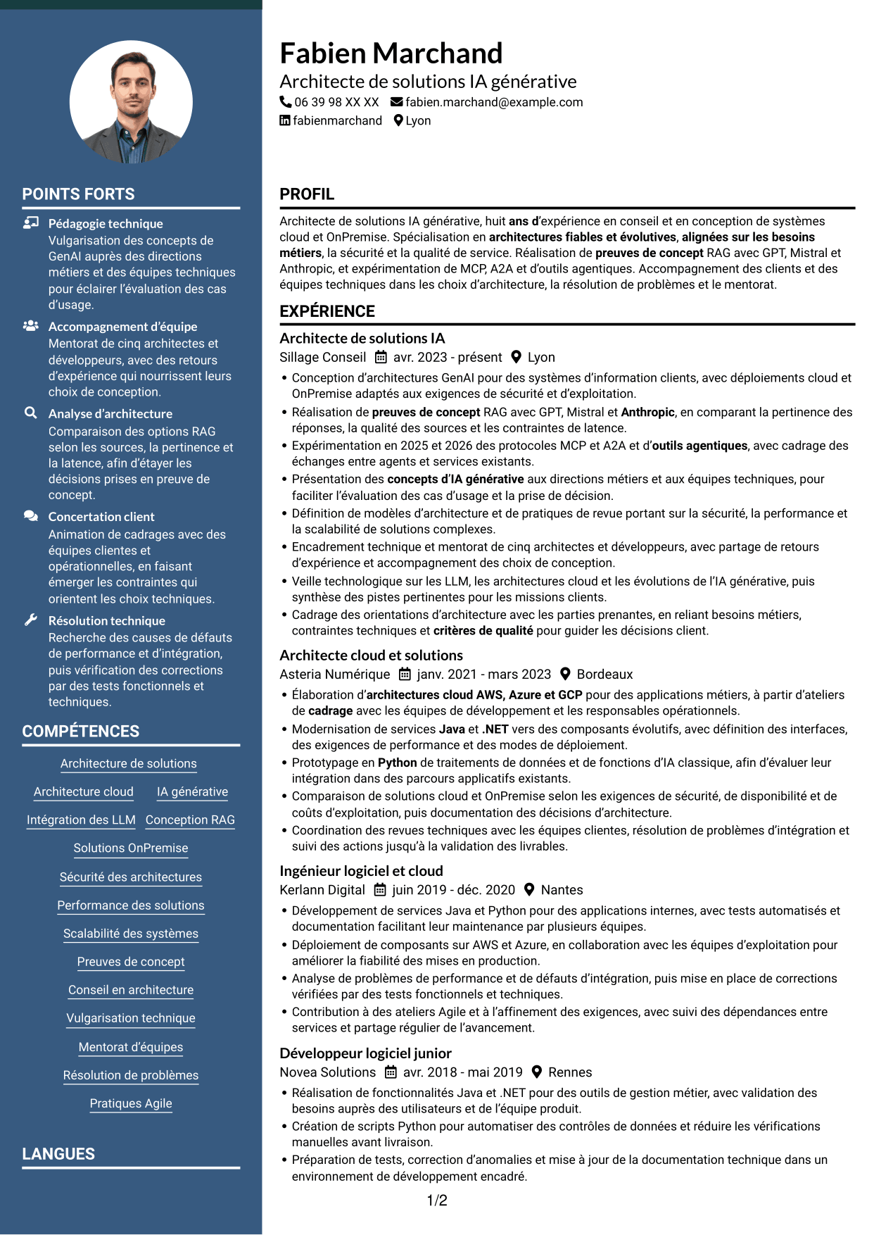 CV Élégant (format à colonne latérale colorée avec photo) : Architecte de solutions IA générative, page 1