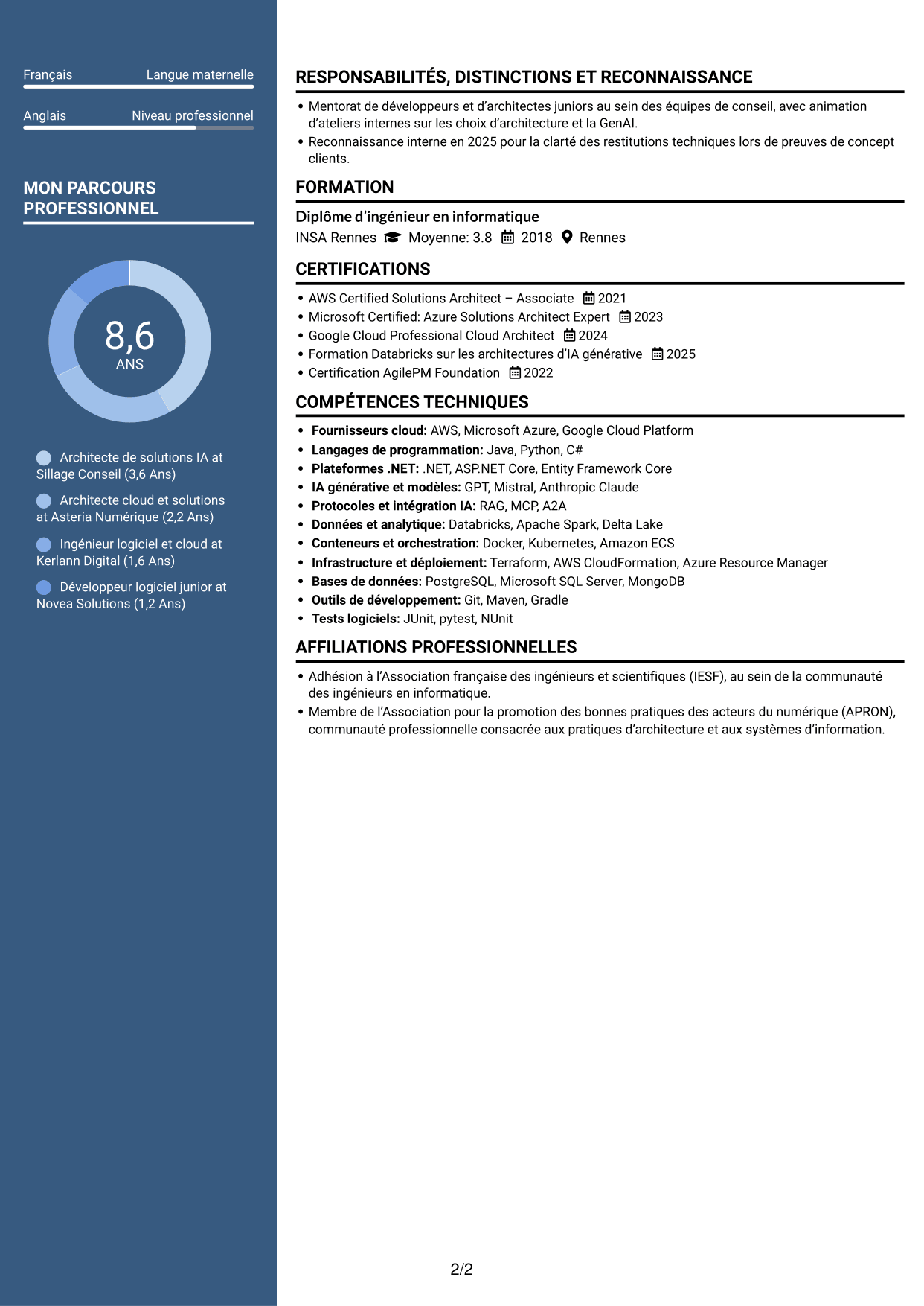 CV Élégant (format à colonne latérale colorée avec photo) : Architecte de solutions IA générative, page 2
