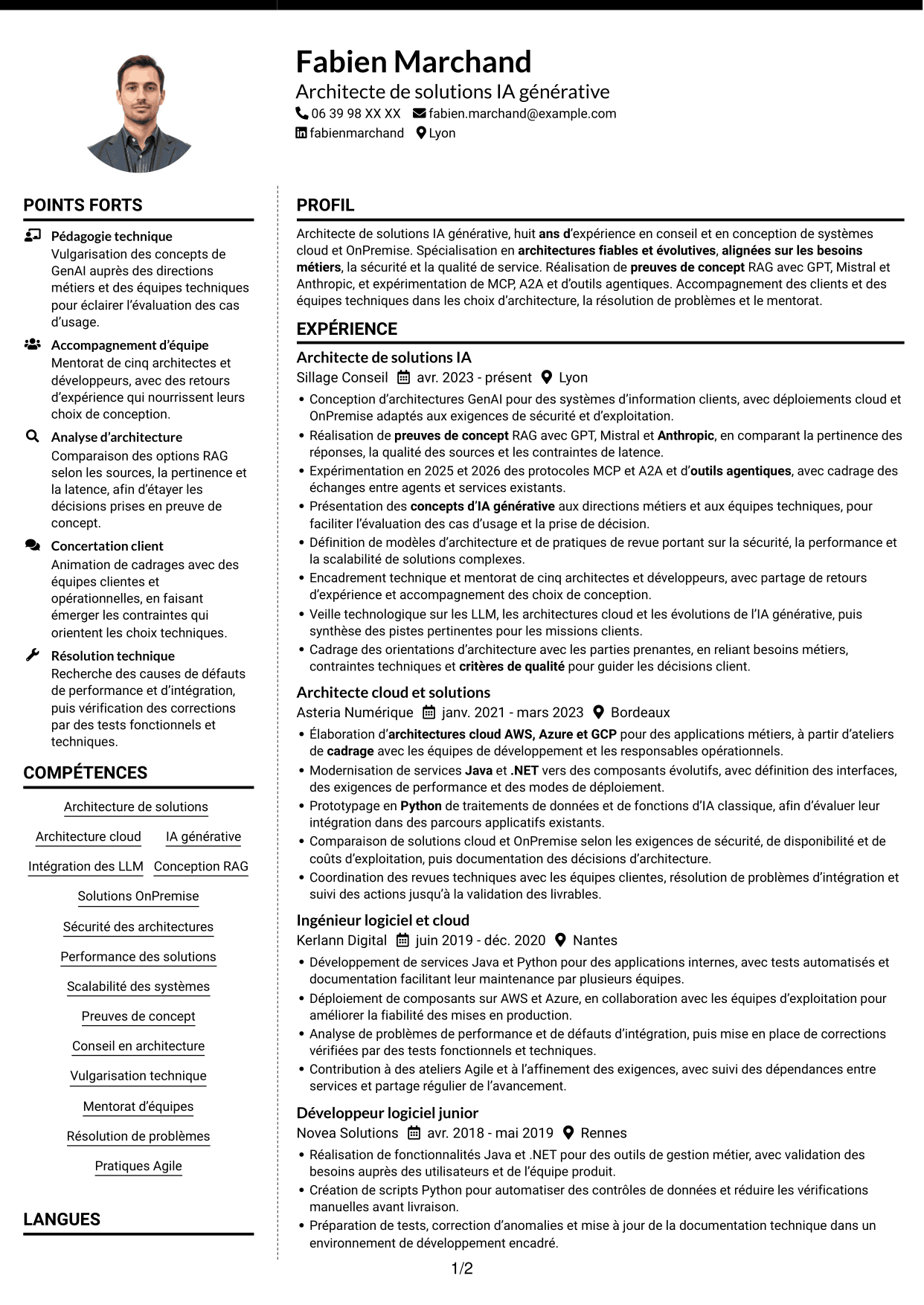 CV Moderne (format à deux colonnes avec photo à gauche et séparateur) : Architecte de solutions IA générative, page 1