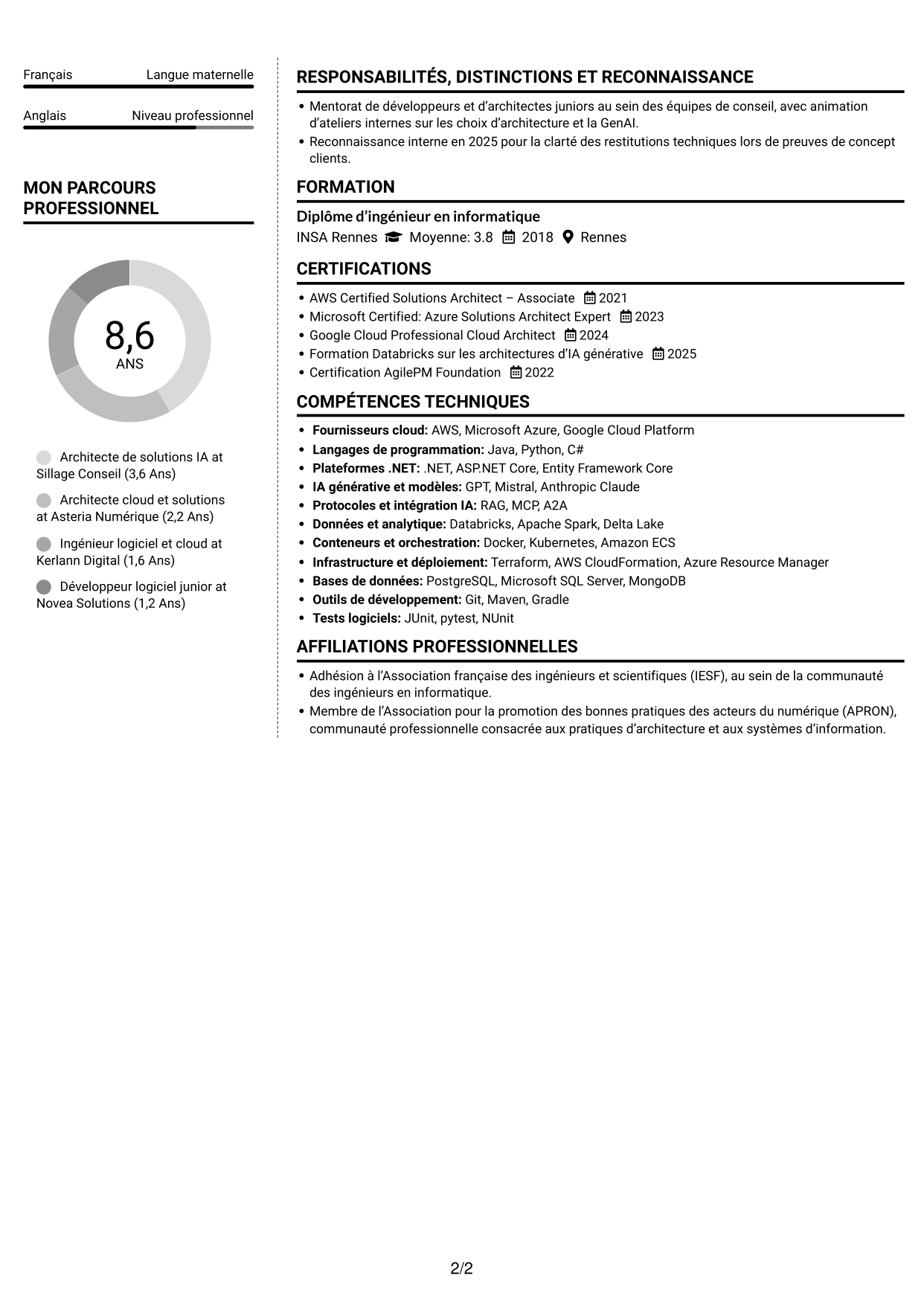 CV Moderne (format à deux colonnes avec photo à gauche et séparateur) : Architecte de solutions IA générative, page 2