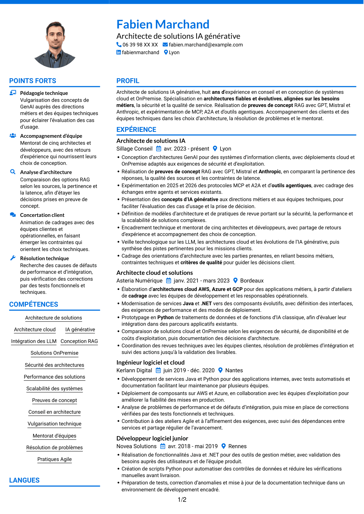 CV Audacieux (format à deux colonnes avec accents colorés et photo) : Architecte de solutions IA générative, page 1