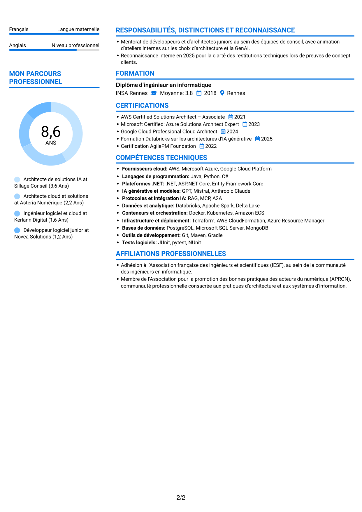CV Audacieux (format à deux colonnes avec accents colorés et photo) : Architecte de solutions IA générative, page 2