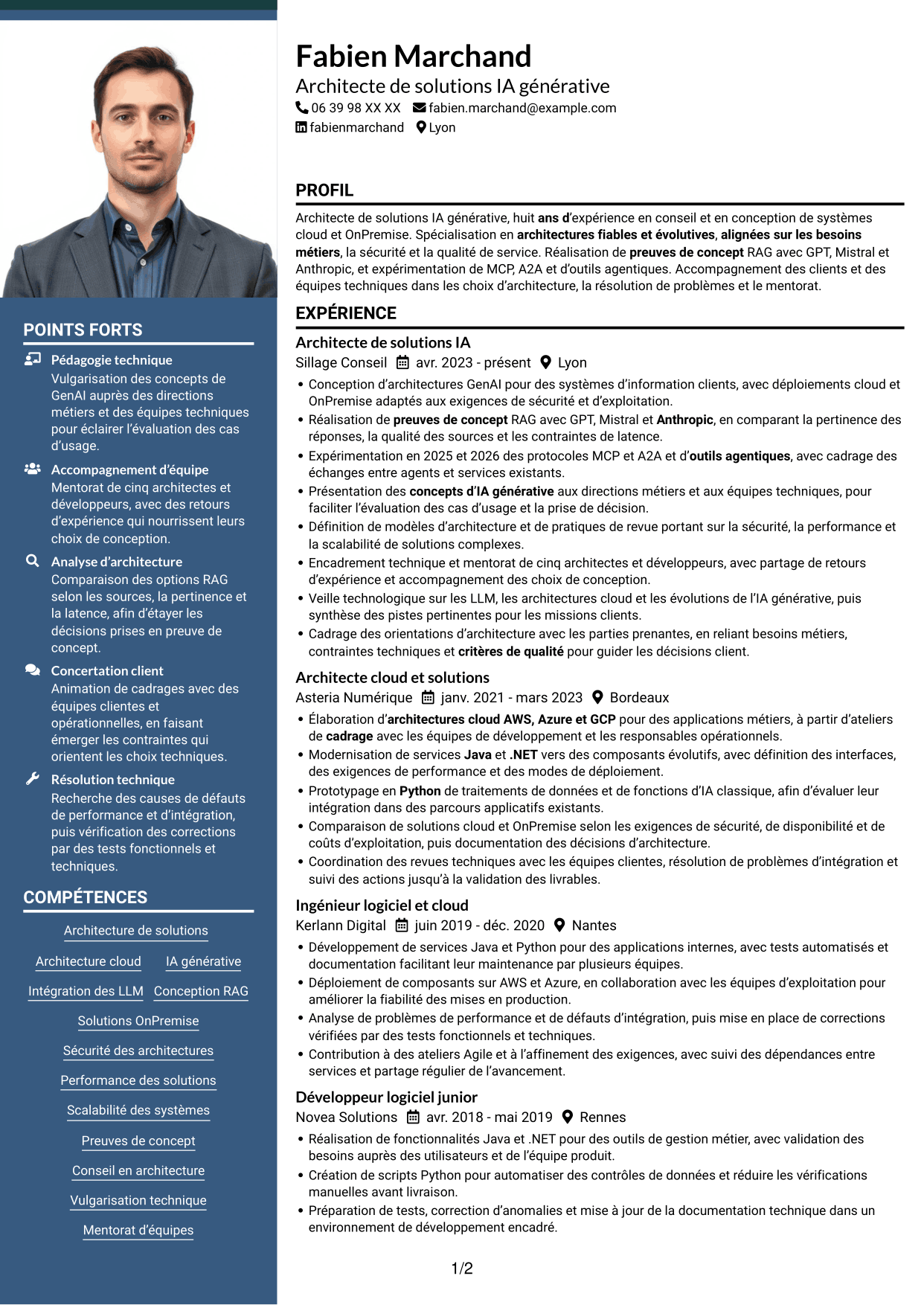 CV Signature (format à colonne latérale colorée avec grande photo) : Architecte de solutions IA générative, page 1